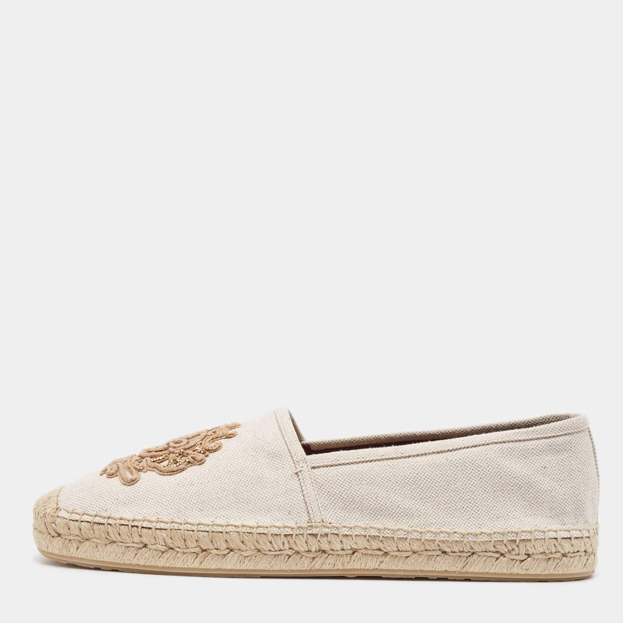 Dolce & Gabbana Beige Canvas Embroidered Slip On Espadrilles Size 45