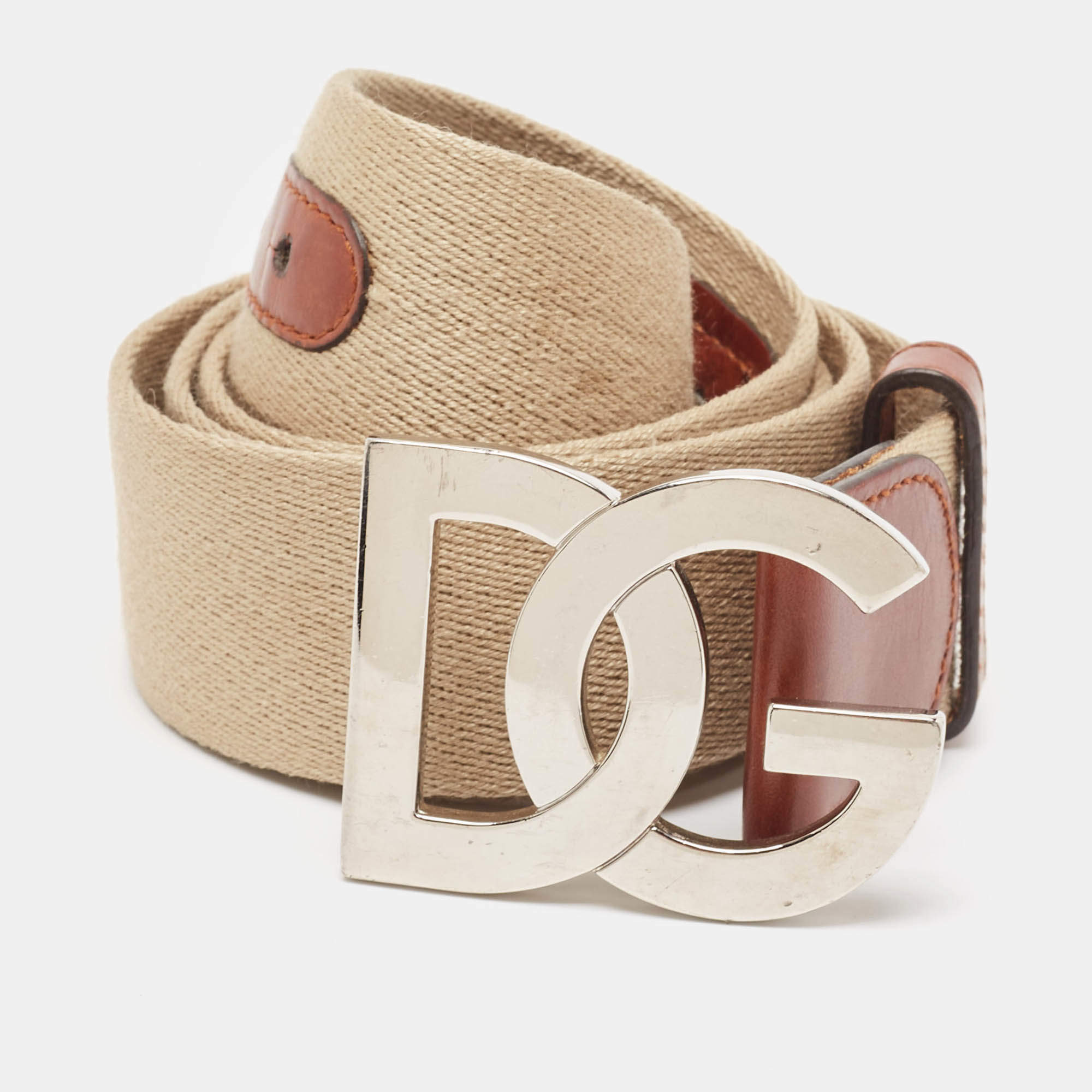 Dolce & Gabbana Beige/Brown Canvas and Leather Logo Buckle Belt 105 CM