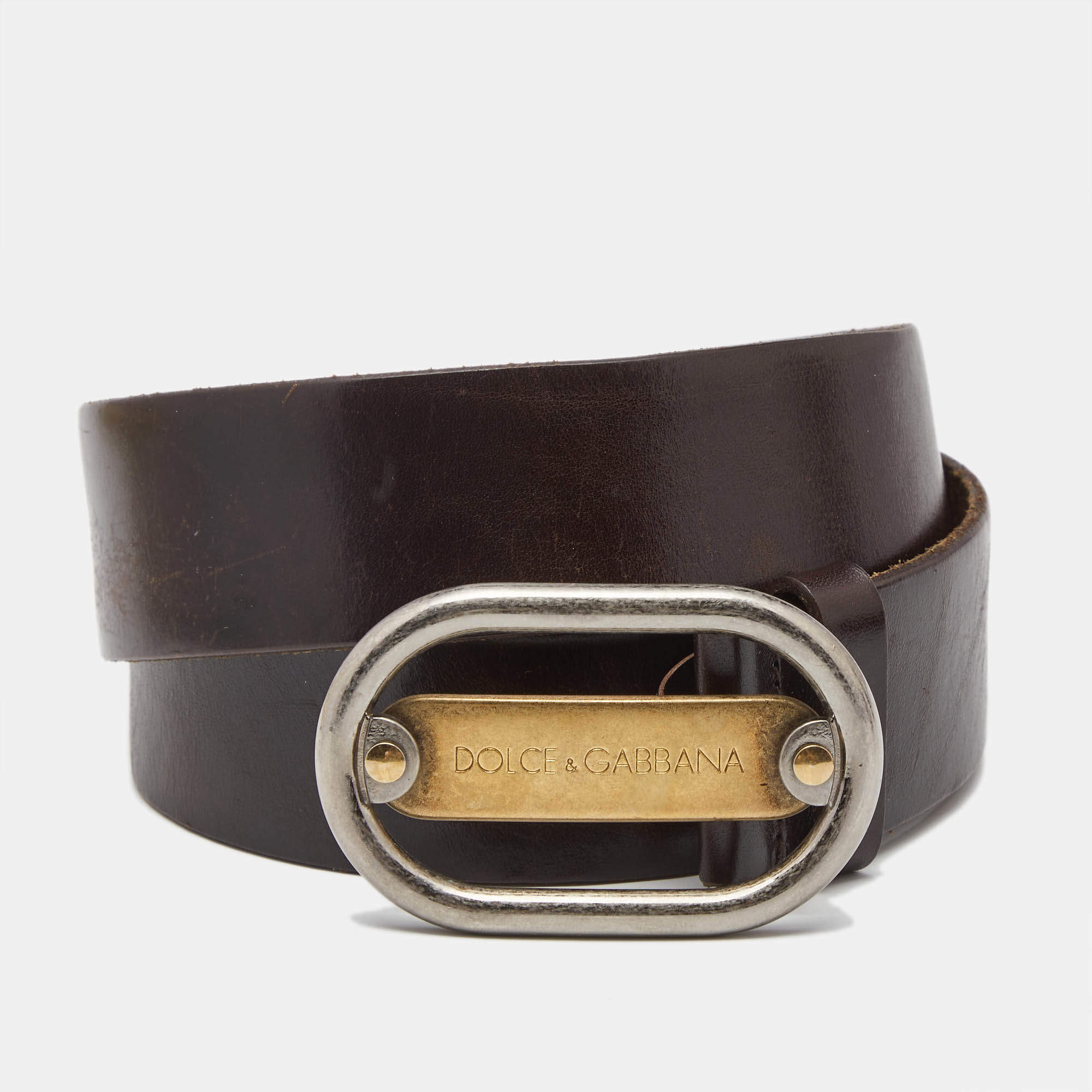 Pre Owned Dolce & Gabbana Dark Brown Leather Oval Logo Buckle Belt 95CM