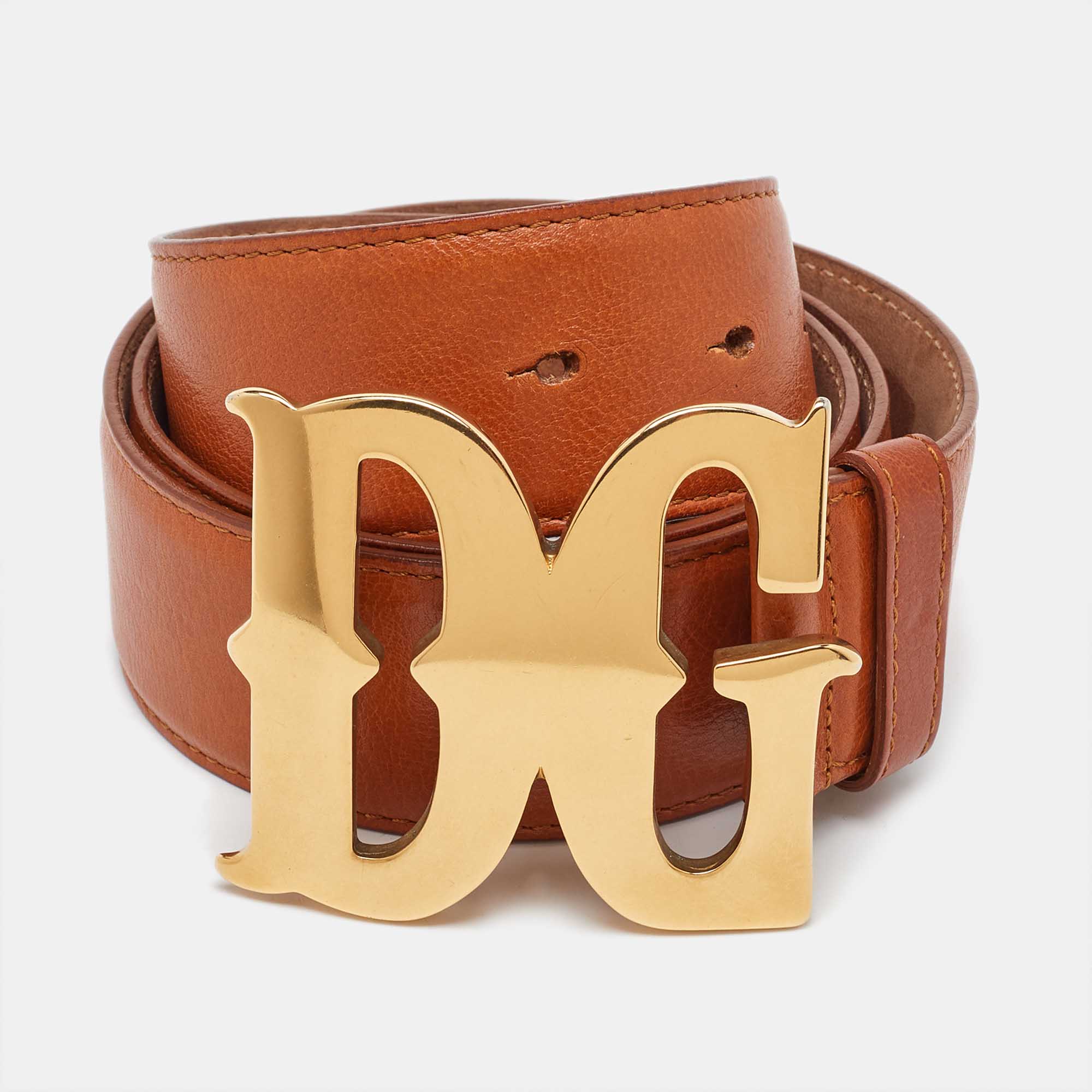Pre Owned Dolce & Gabbana Tan Leather DG Logo Plaque Belt 95CM