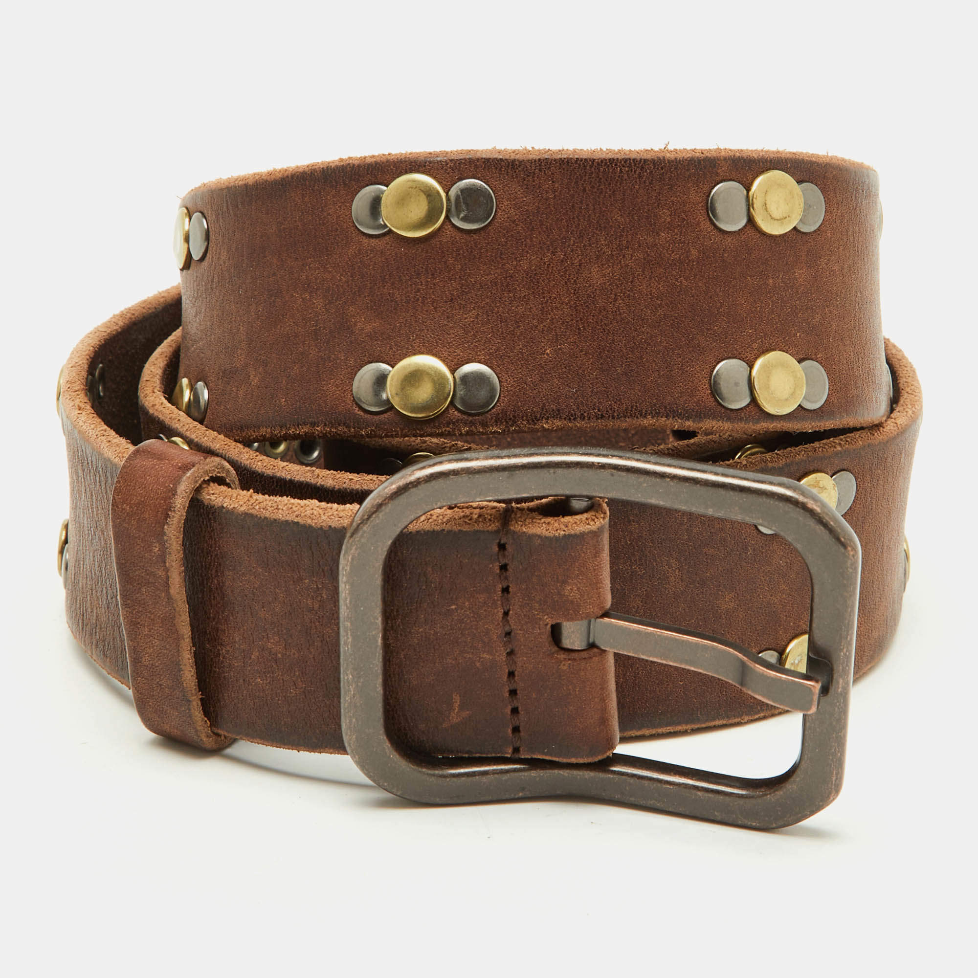 Pre Owned Dolce & Gabbana Dark Brown Leather Vintage Studded Buckle Belt 95CM