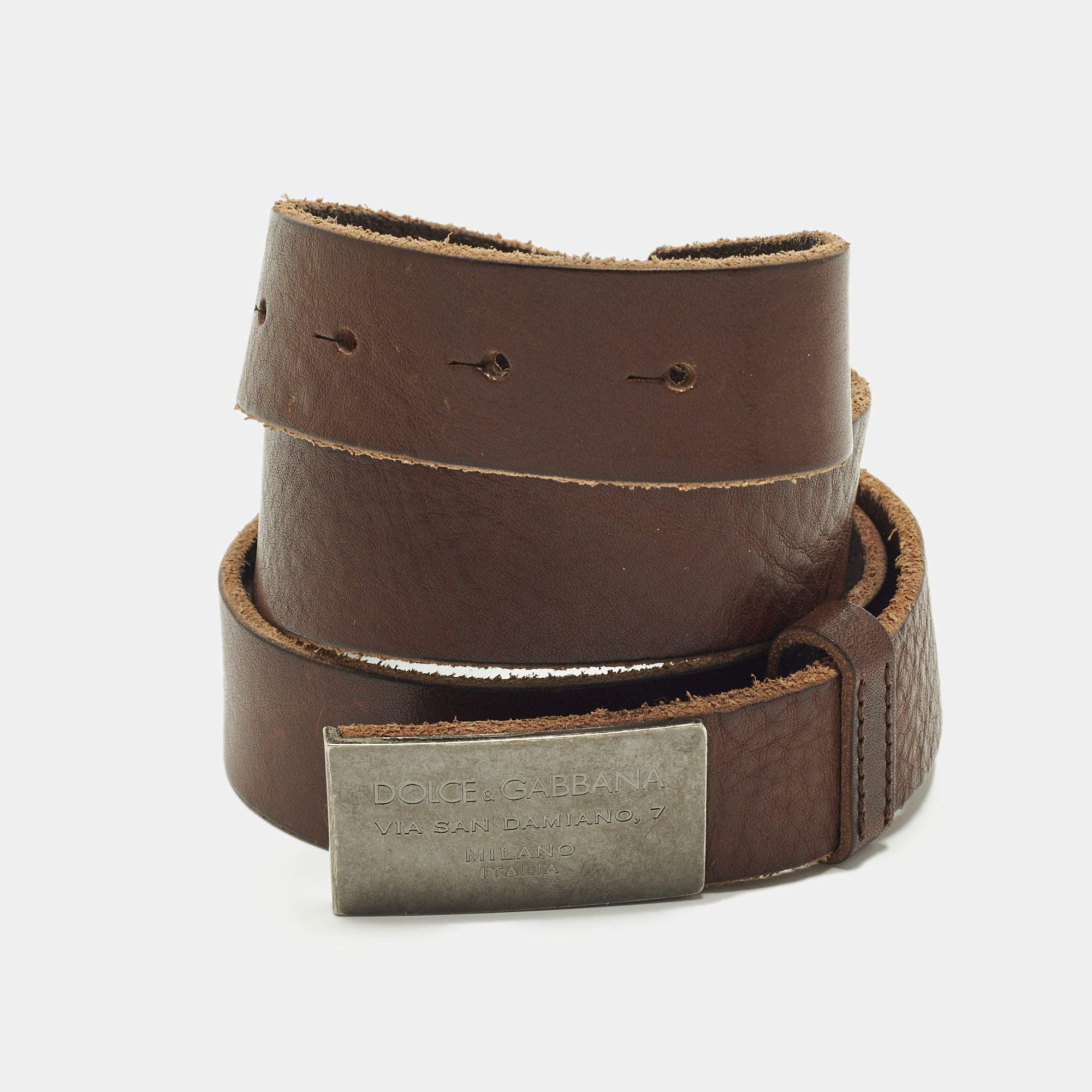 مملوكة مسبقًا Dolce & Gabbana Logo Plaque 90 CM Buckle Belt Brown Leather