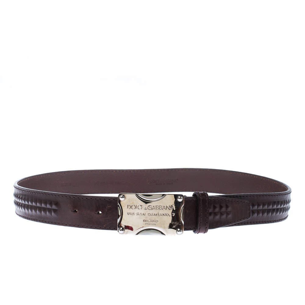 Pre Owned Dolce & Gabanna Dark Brown Leather Logo Plaque Belt 95CM