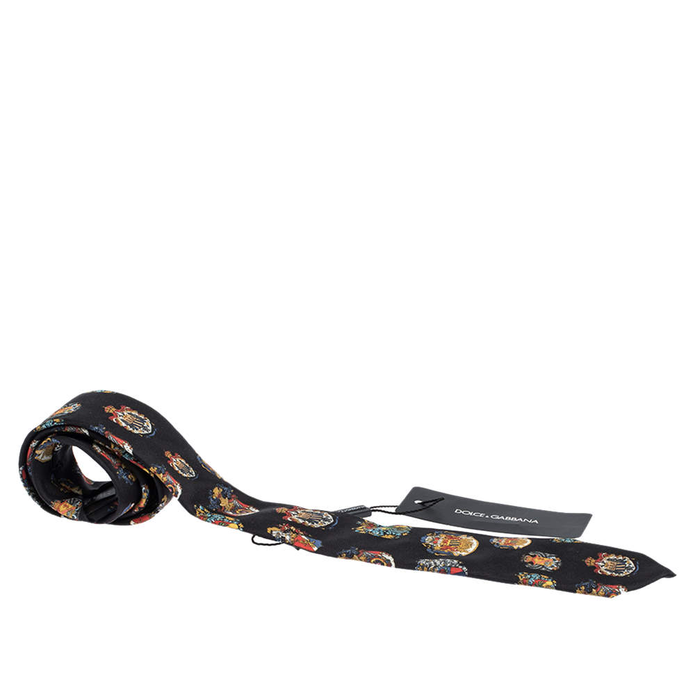 Dolce & Gabbana Black Crest Print Skinny Silk Tie 