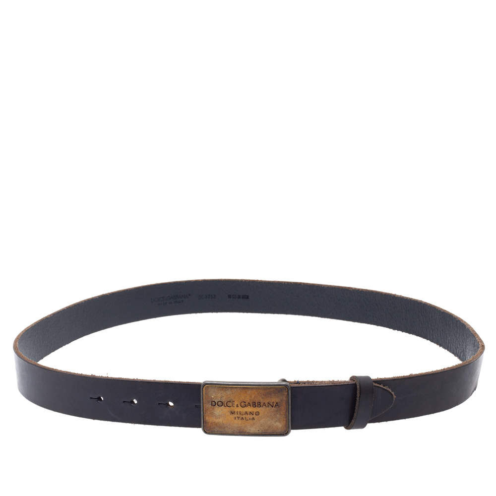 Pre Owned Dolce & Gabbana Dark Grey Leather Logo Plaque Belt 95CM