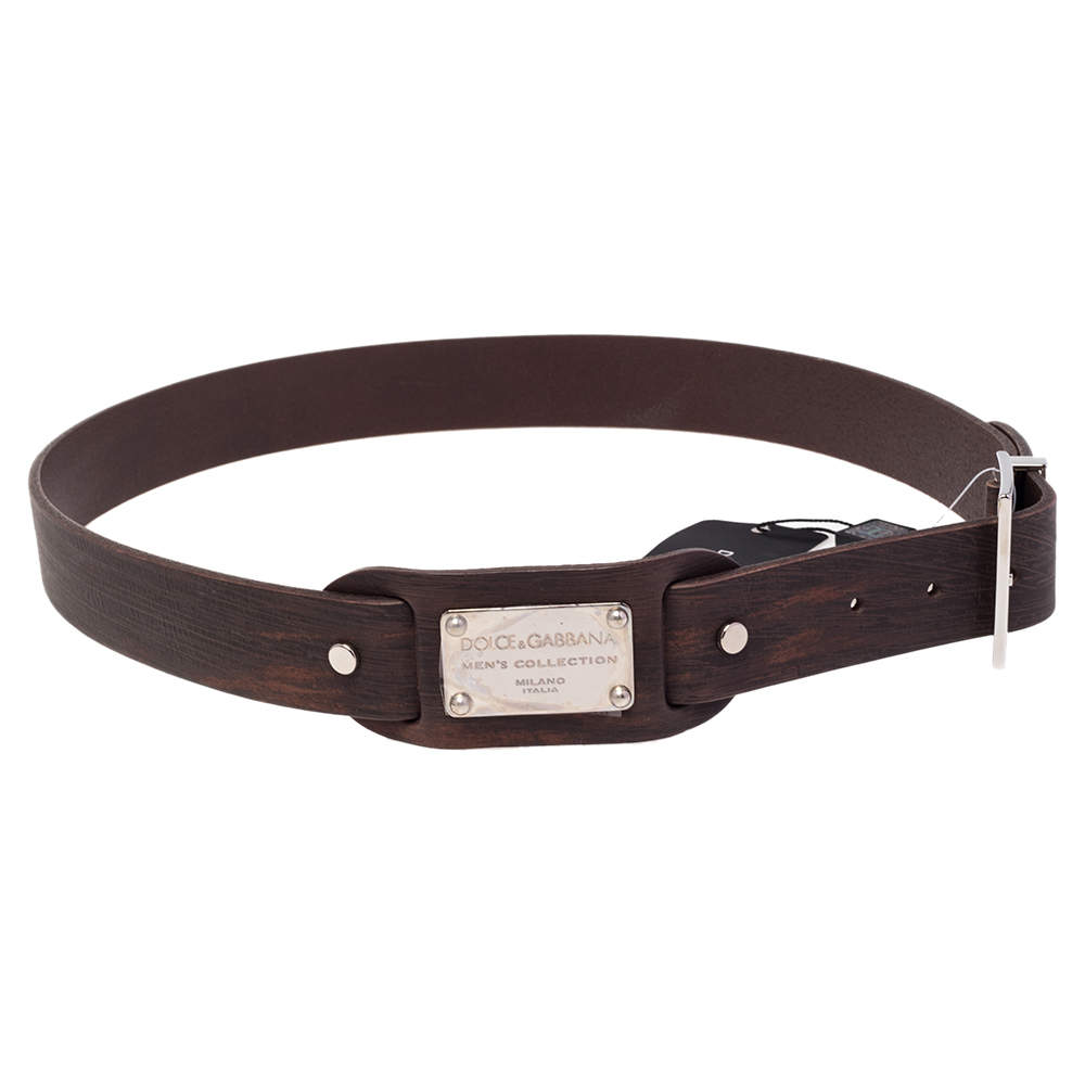 مملوكة مسبقًا Dolce & Gabbana Dark Brown Leather Logo Plague Buckle Belt 95CM