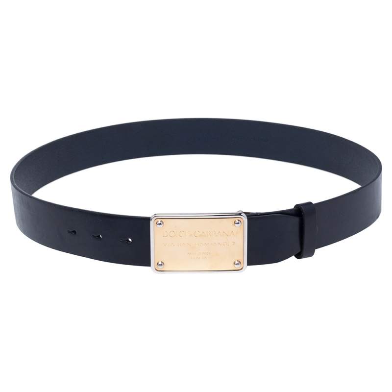 Pre Owned Dolce & Gabbana Navy Blue Leather Logo Plaque Belt 95 CM