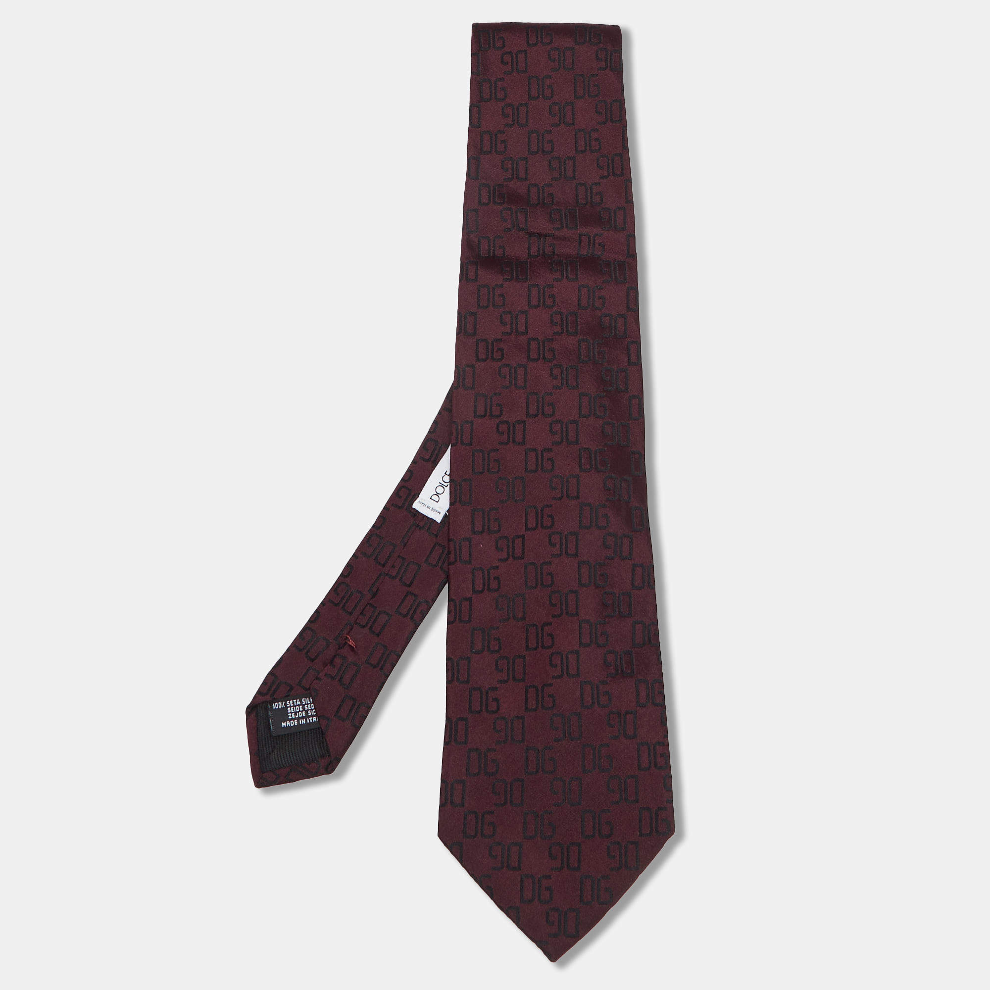 Pre Owned Dolce & Gabbana Burgundy Logo Jacquard Silk Tie