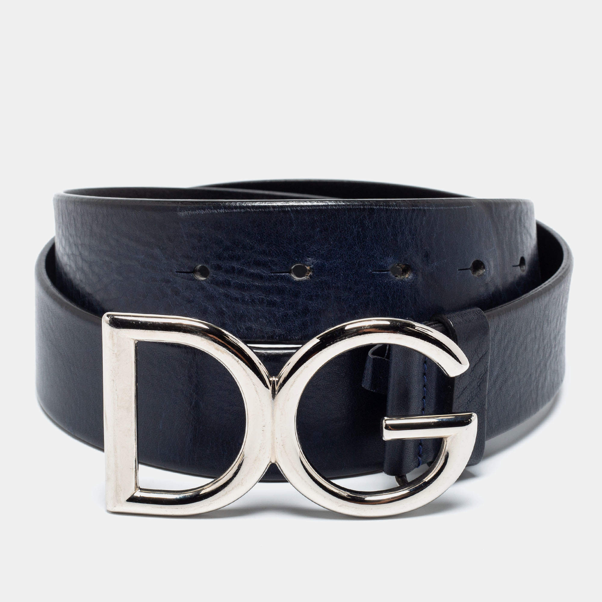 Pre Owned Dolce & Gabbana Navy Blue/Black Leather Logo Buckle Belt 95CM