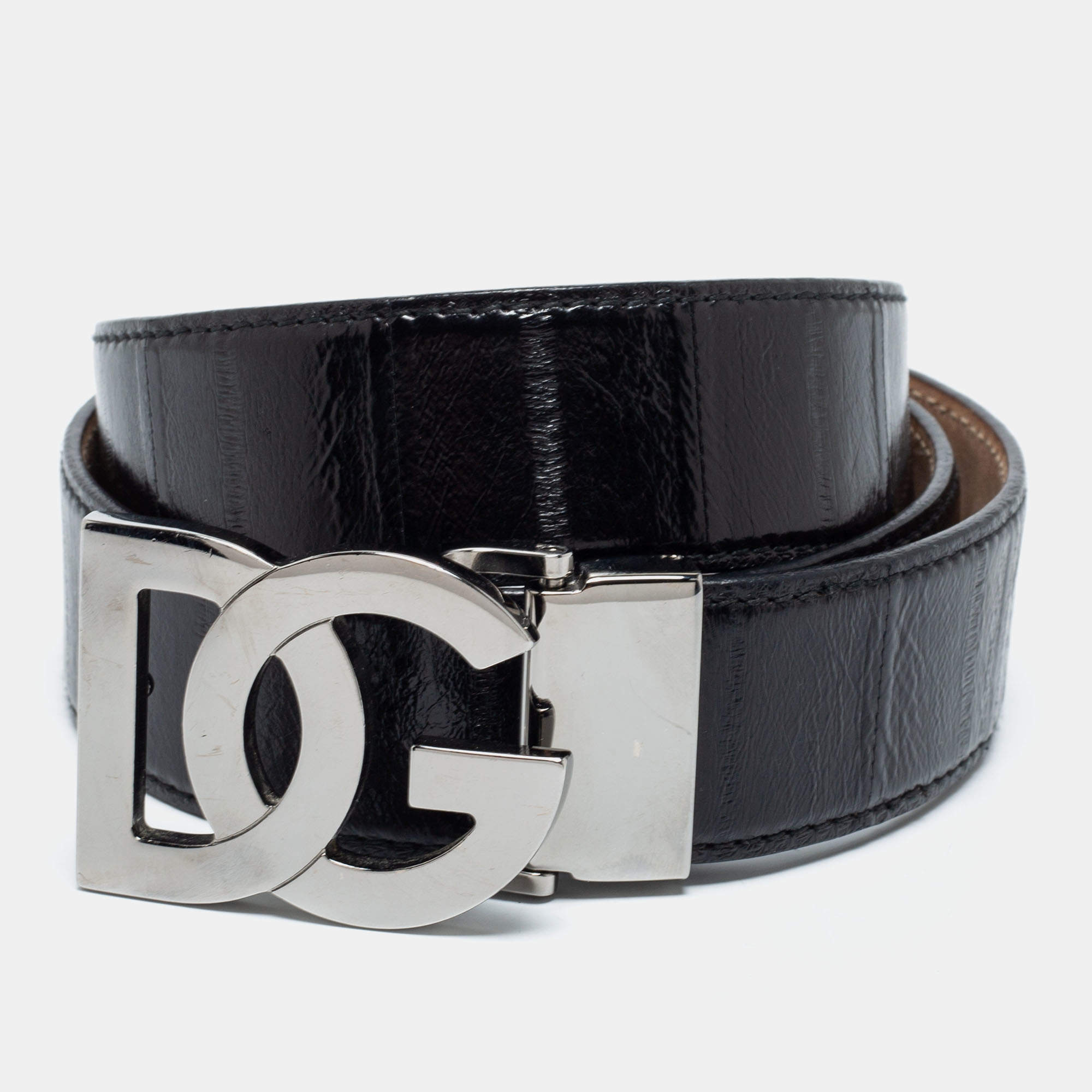 مملوكة مسبقًا Dolce & Gabbana Black Eel Leather DG Logo Buckle Belt 110 CM