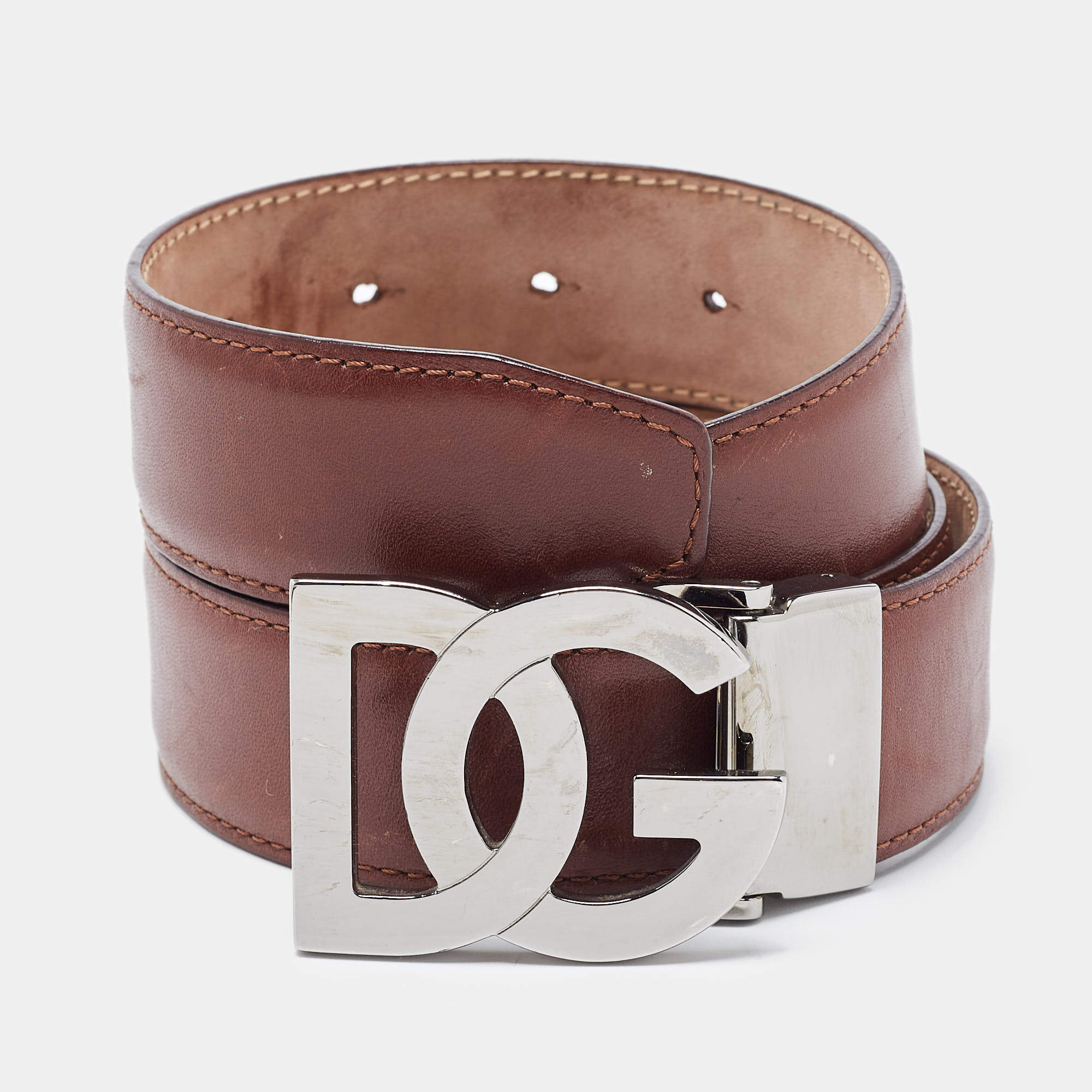 Pre Owned Dolce & Gabbana Brown Leather DG Logo Buckle Belt 100 CM