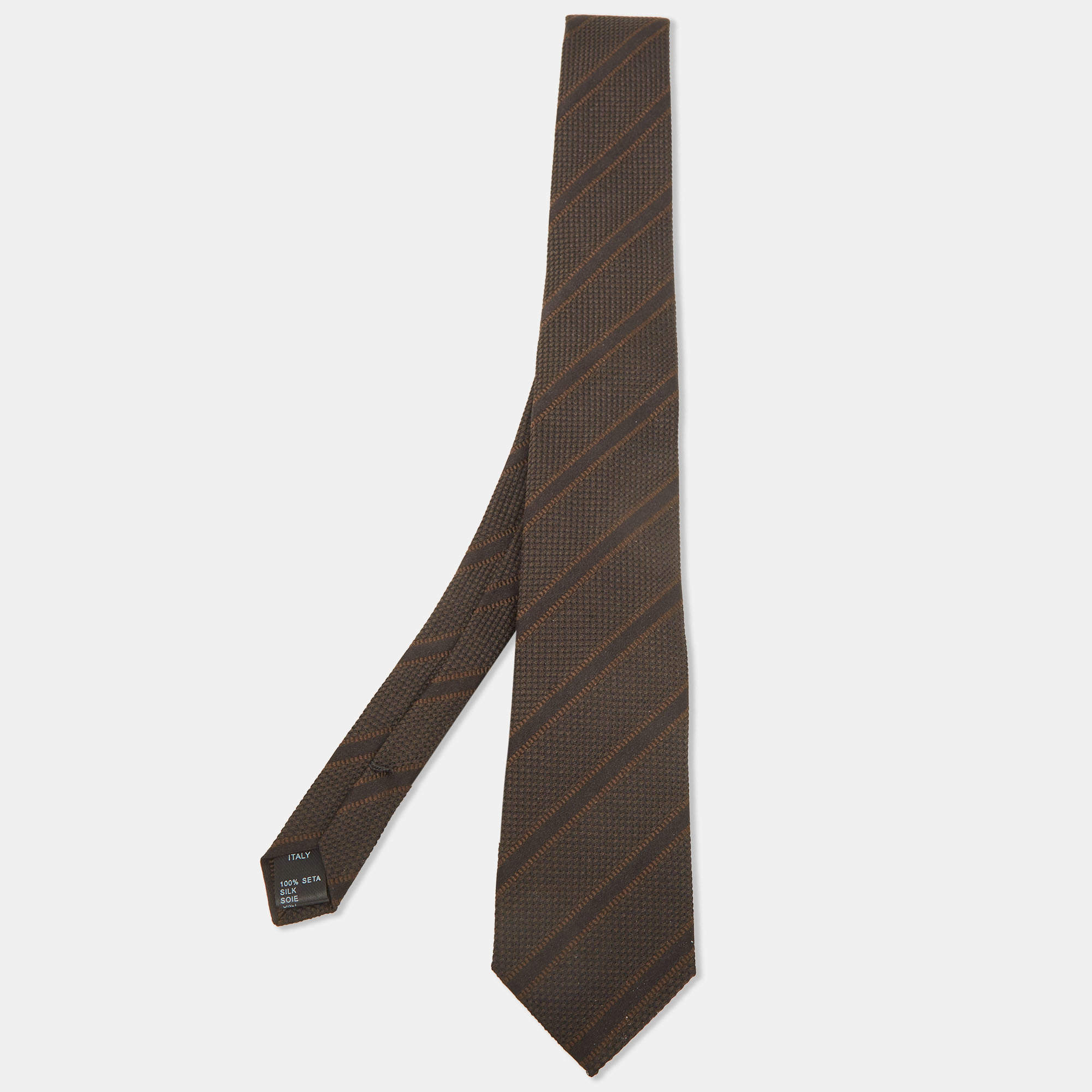 Pre Owned Dolce & Gabbana Brown Striped Silk Skinny Tie