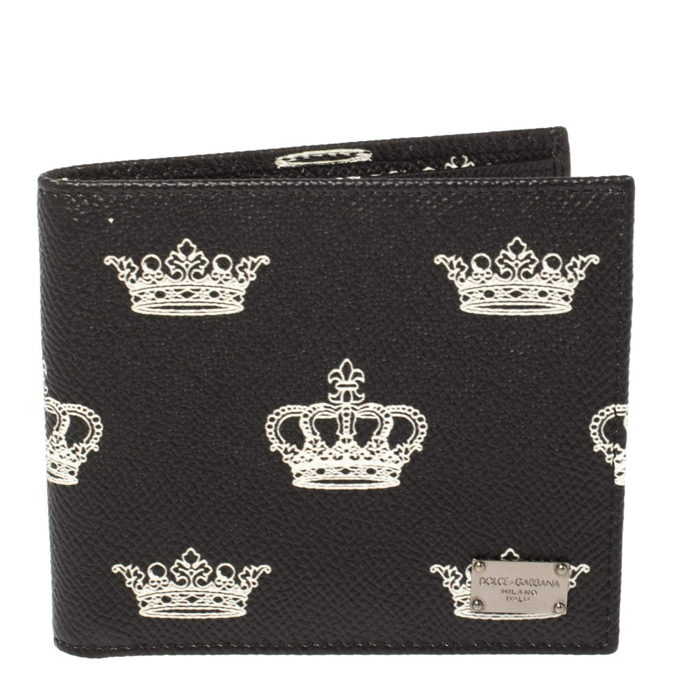 Dolce & Gabbana Black/White Crown Print Leather Bifold Wallet