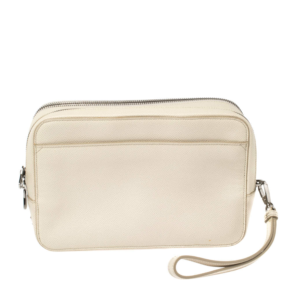 Dolce & Gabbana White Grained Leather Zip Travel Pouch Bag