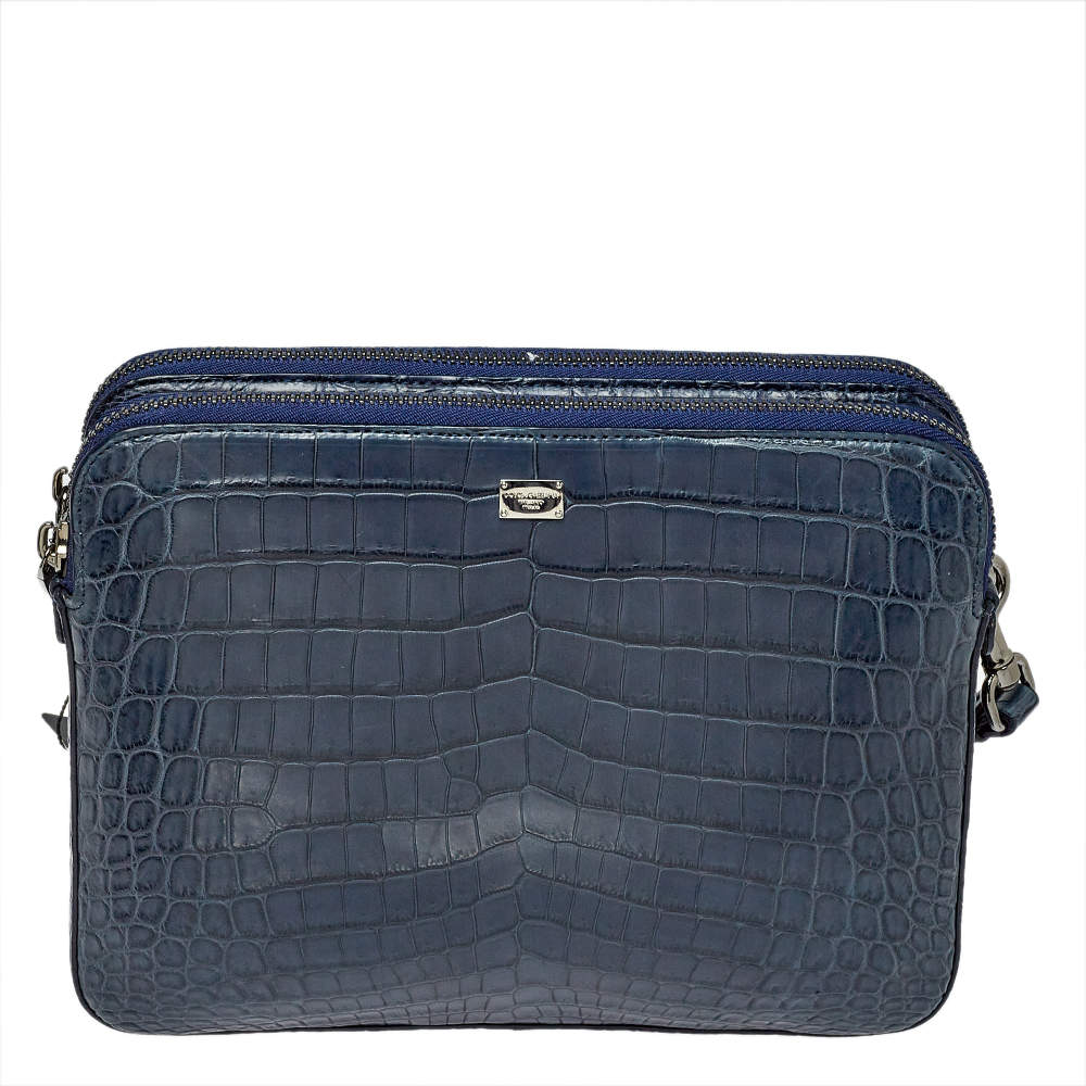 Dolce & Gabbana Blue Crocodile Double Zip Wristlet Clutch 