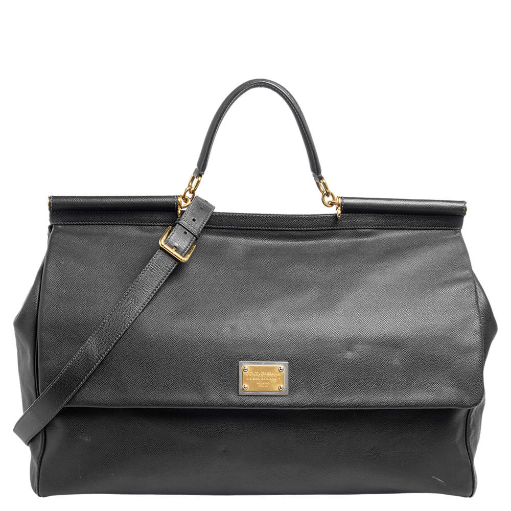 Pre Owned Dolce & Gabbana Black Leather Miss Sicily Weekender Bag