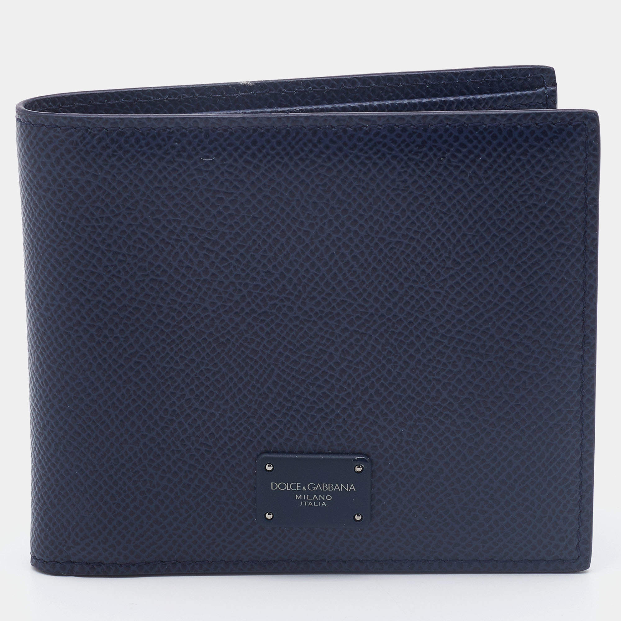 Pre Owned Dolce & Gabbana Navy Blue Leather Logo Plaque Bifold Wallet