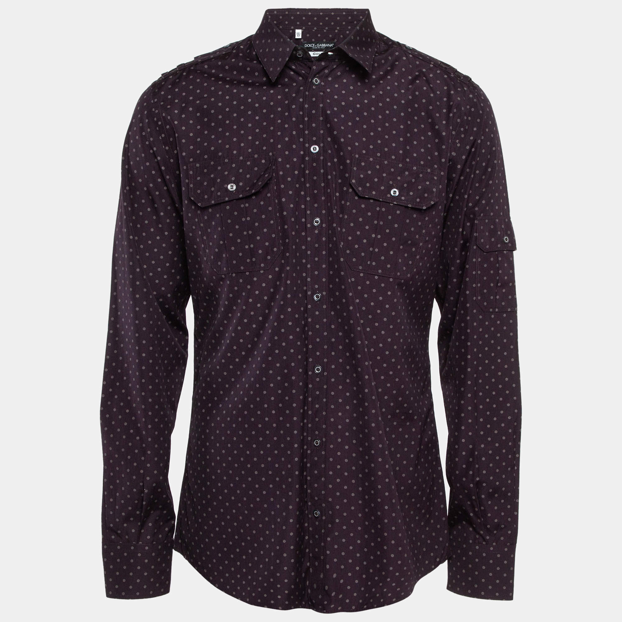 Pre Owned Dolce & Gabbana Gold Dark Purple Dotted Cotton Buttoned Up Shirt XXS