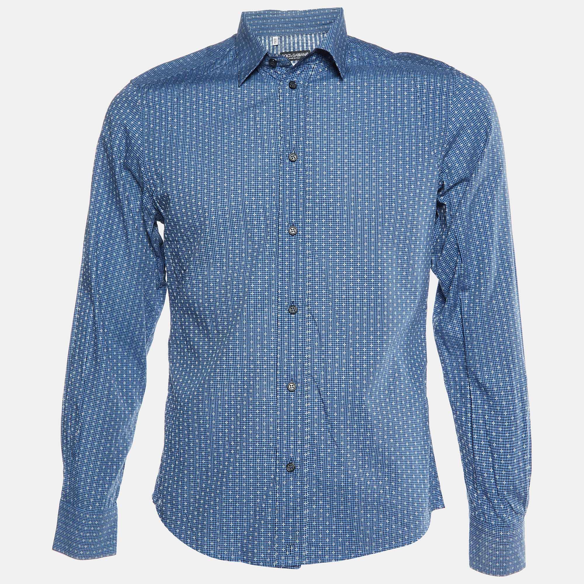 Pre Owned Dolce & Gabbana Gold Blue Patterned Buttoned Up Shirt XS