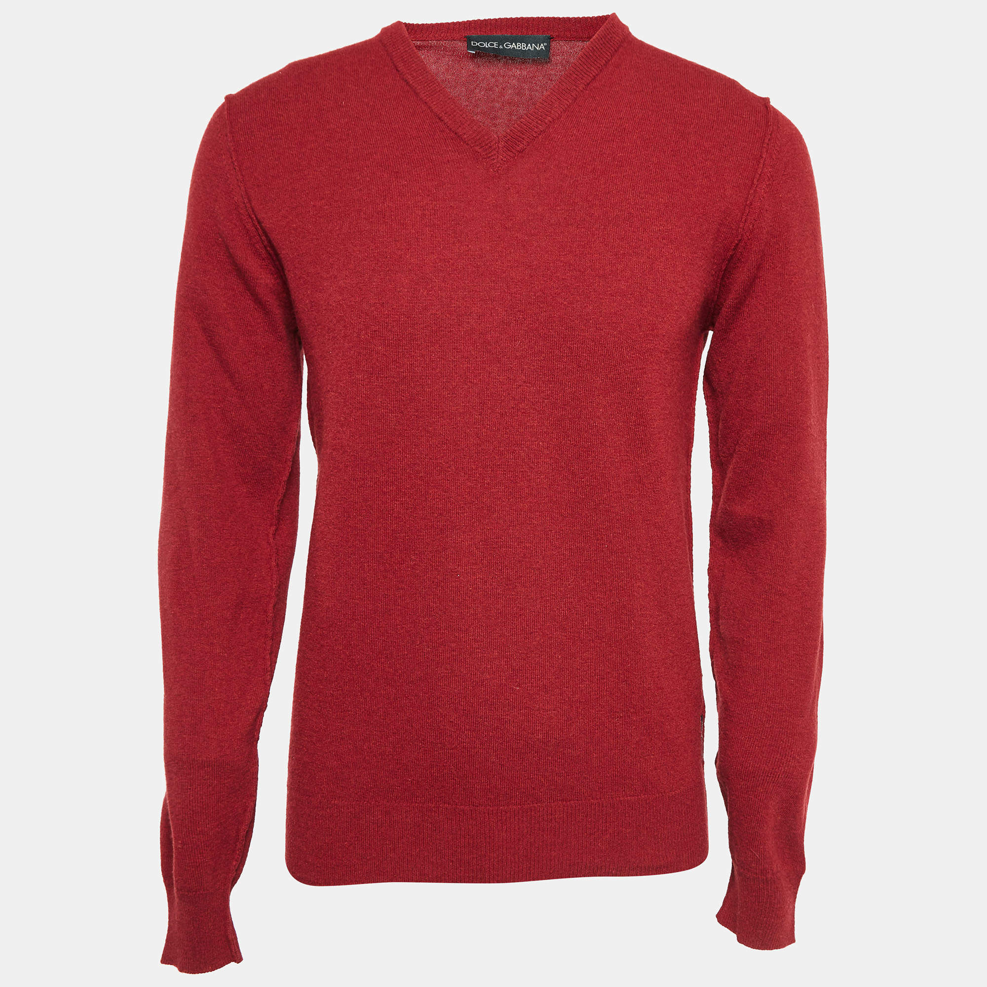Pre Owned Dolce & Gabbana Burgundy Rib Knit V-Neck Sweater M