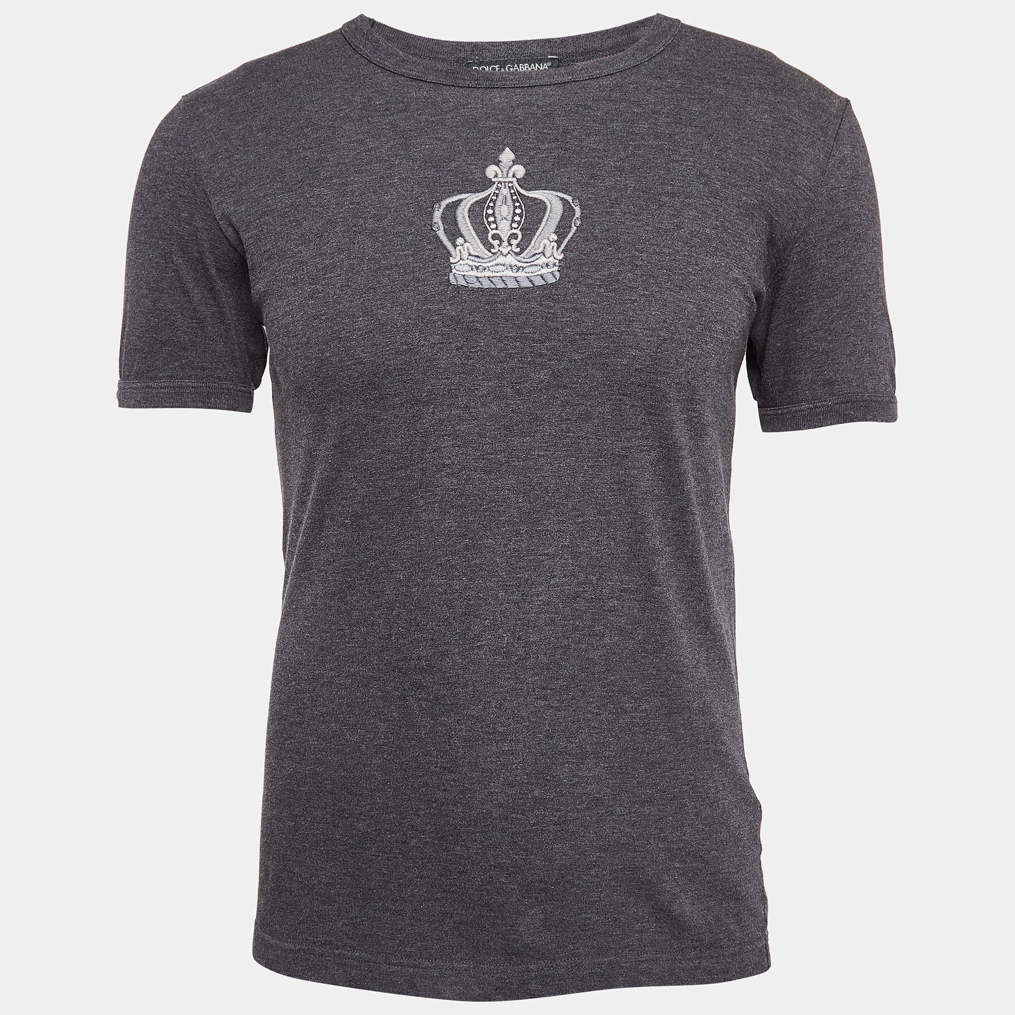 Pre Owned Dolce & Gabbana Grey Crown Embroidered Cotton T-Shirt S