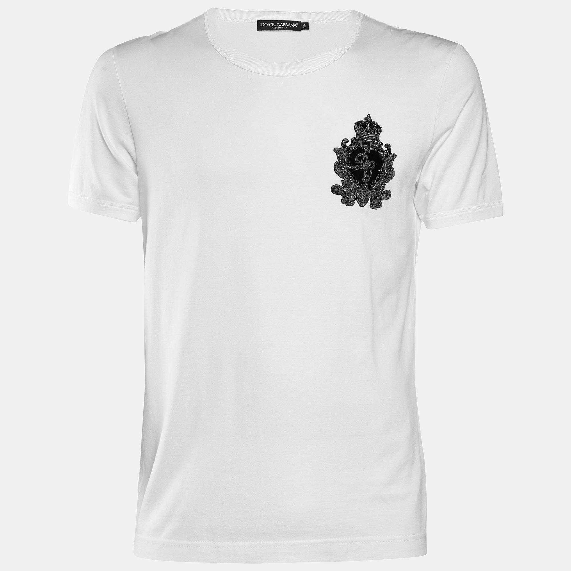 Pre Owned Dolce & Gabbana White Cotton Crest Detail Crew Neck T-Shirt S