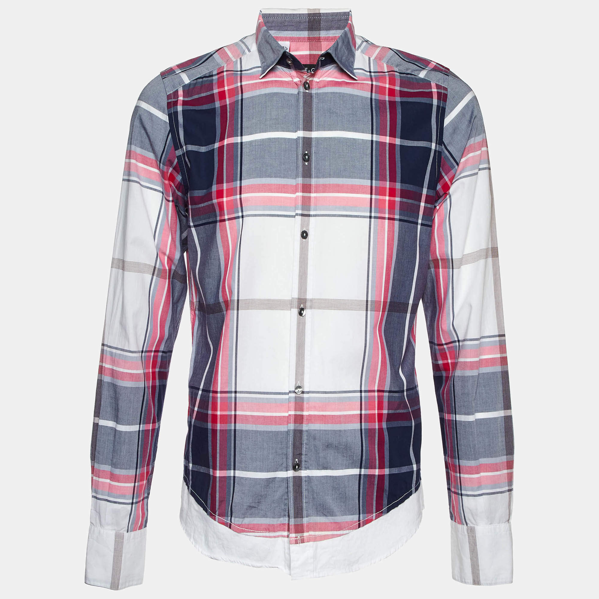 Pre Owned Dolce & Gabbana White/Pink Plaid Checked Cotton Gold Fit Shirt M