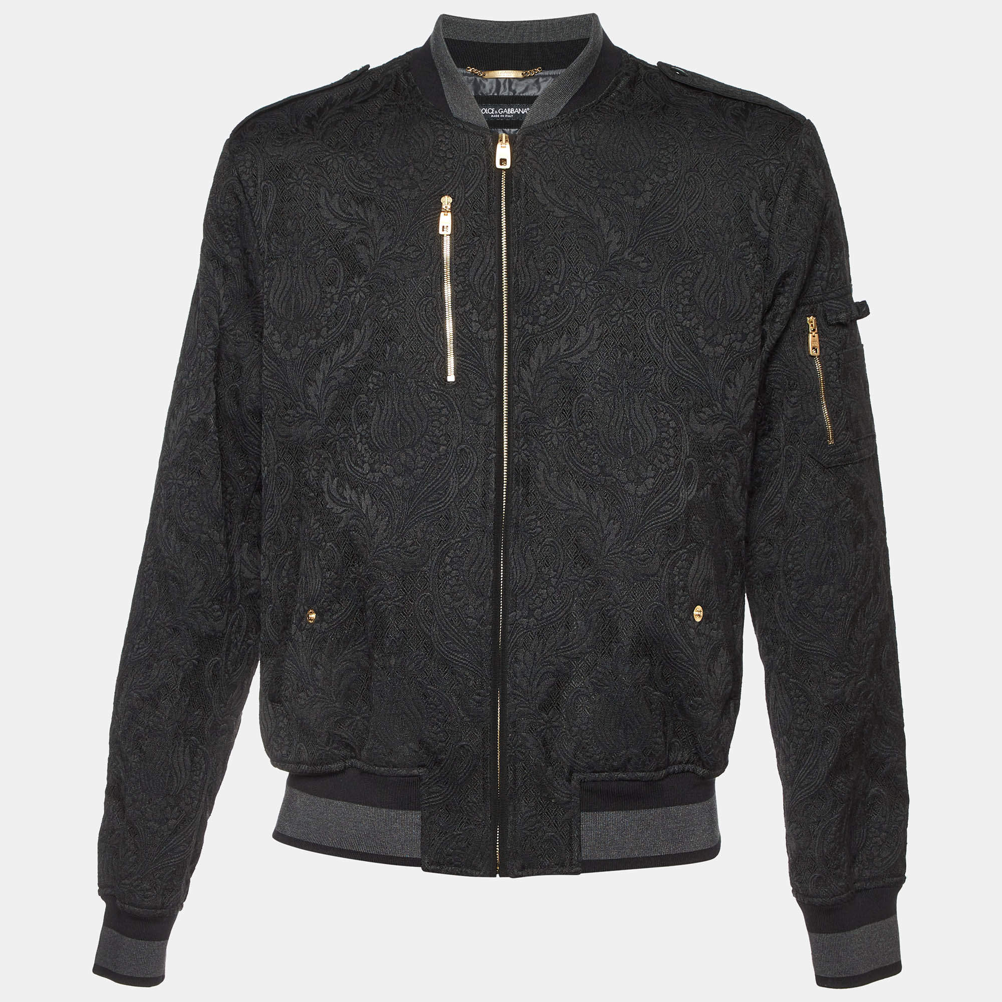 Pre Owned Dolce & Gabbana Black Jacquard Zip Up Bomber Jacket XXL