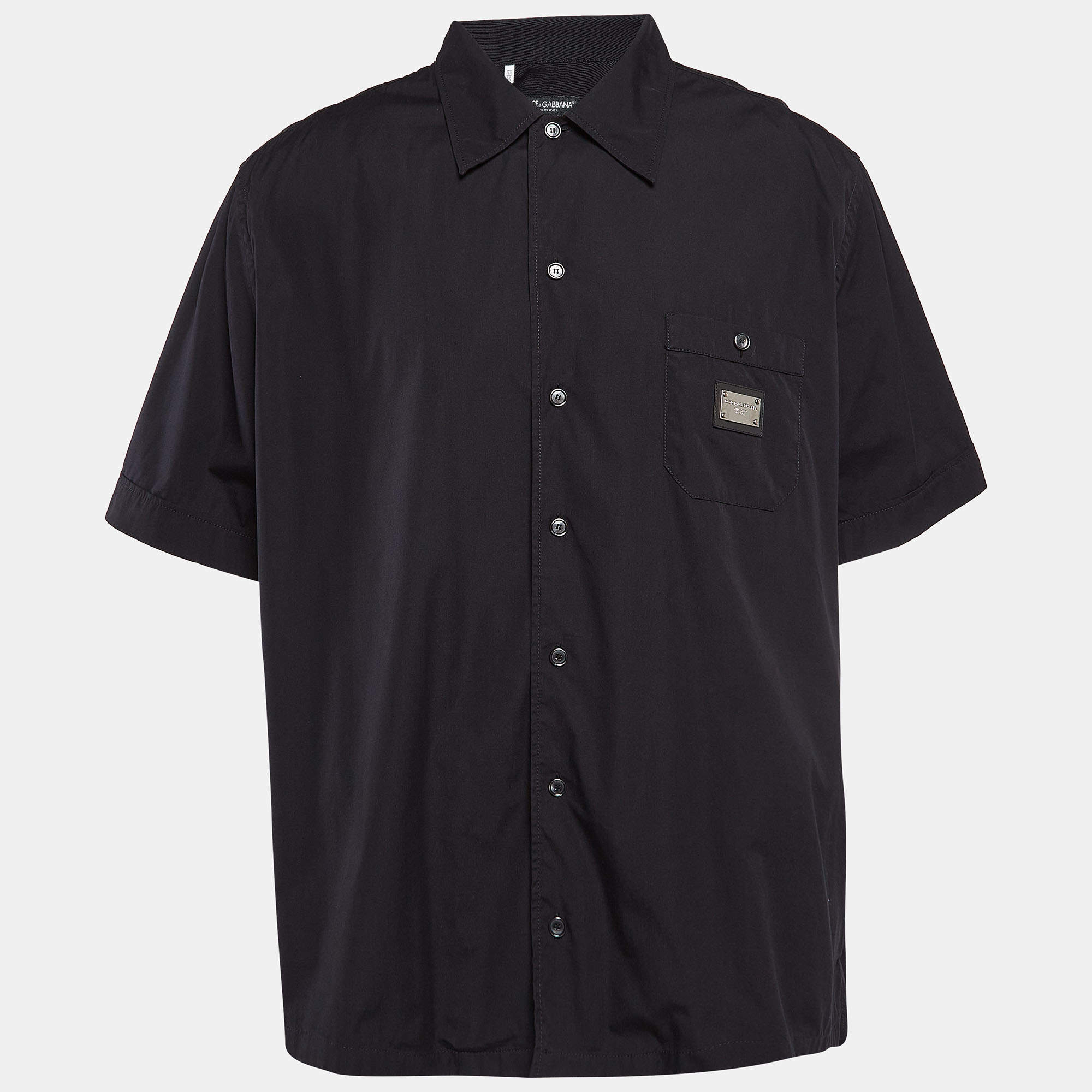 Pre Owned Dolce & Gabbana Black Cotton Logo-Plaque Short Sleeve Shirt XXXL