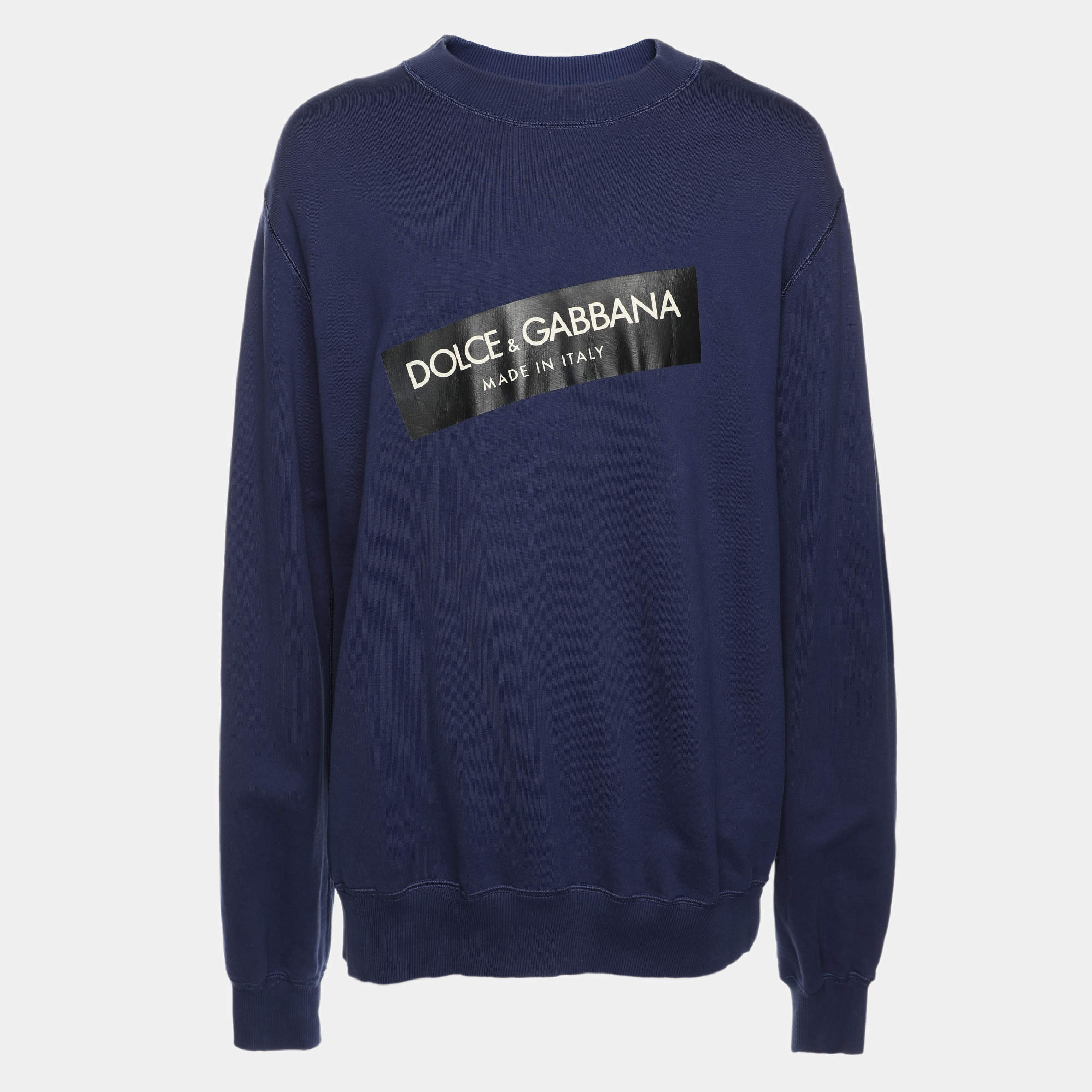 Pre Owned Dolce & Gabbana Blue Cotton Knit Logo Print Sweatshirt XXXL