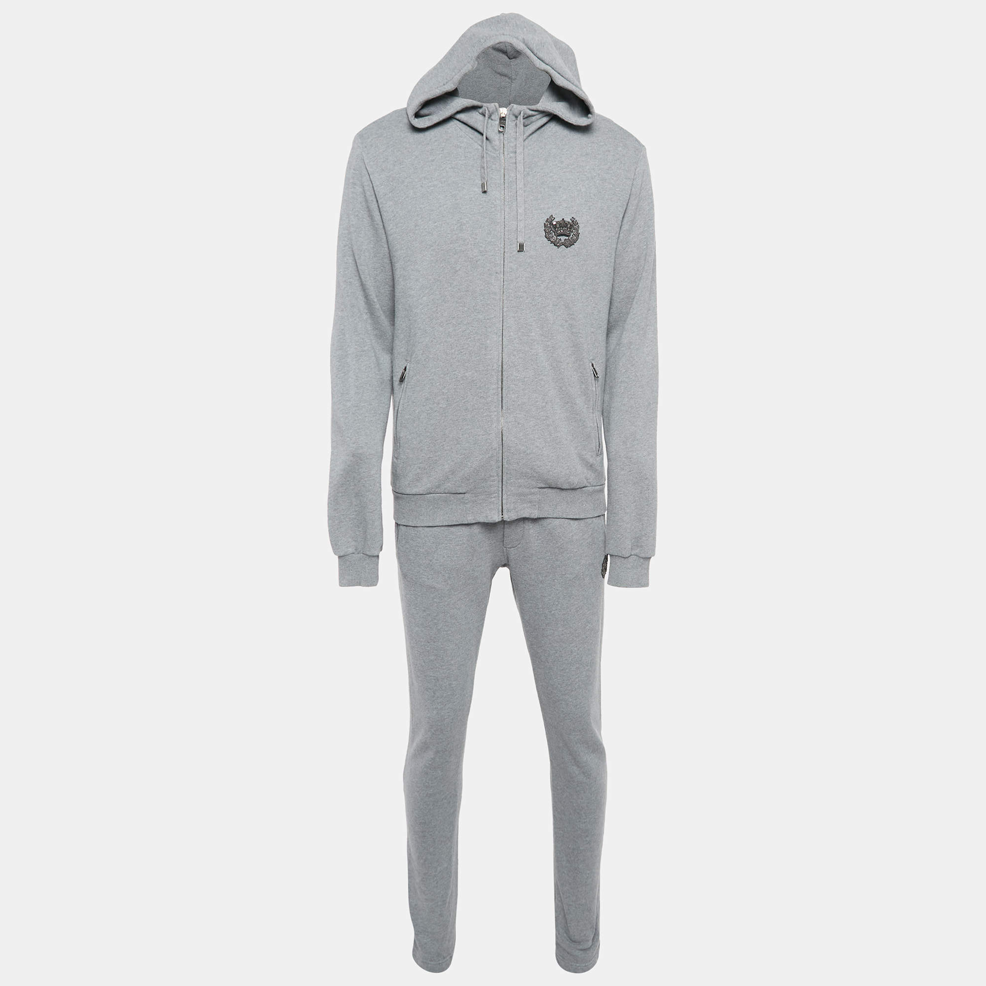 Dolce & Gabbana Grey Cotton Applique Detail Sweatshirt and Pants Set M