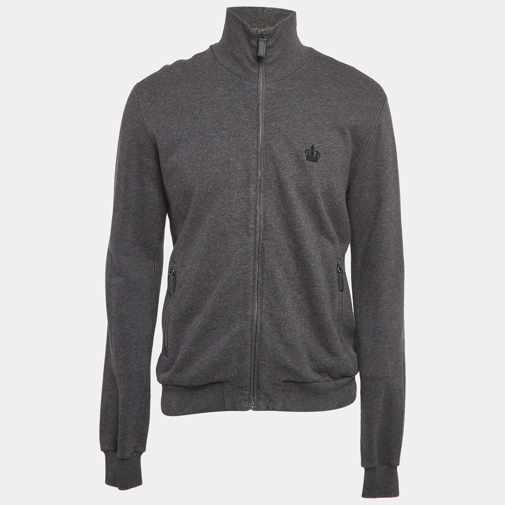 Pre Owned Dolce & Gabbana Grey Cotton Knit Zip Front Hooded Jacket L