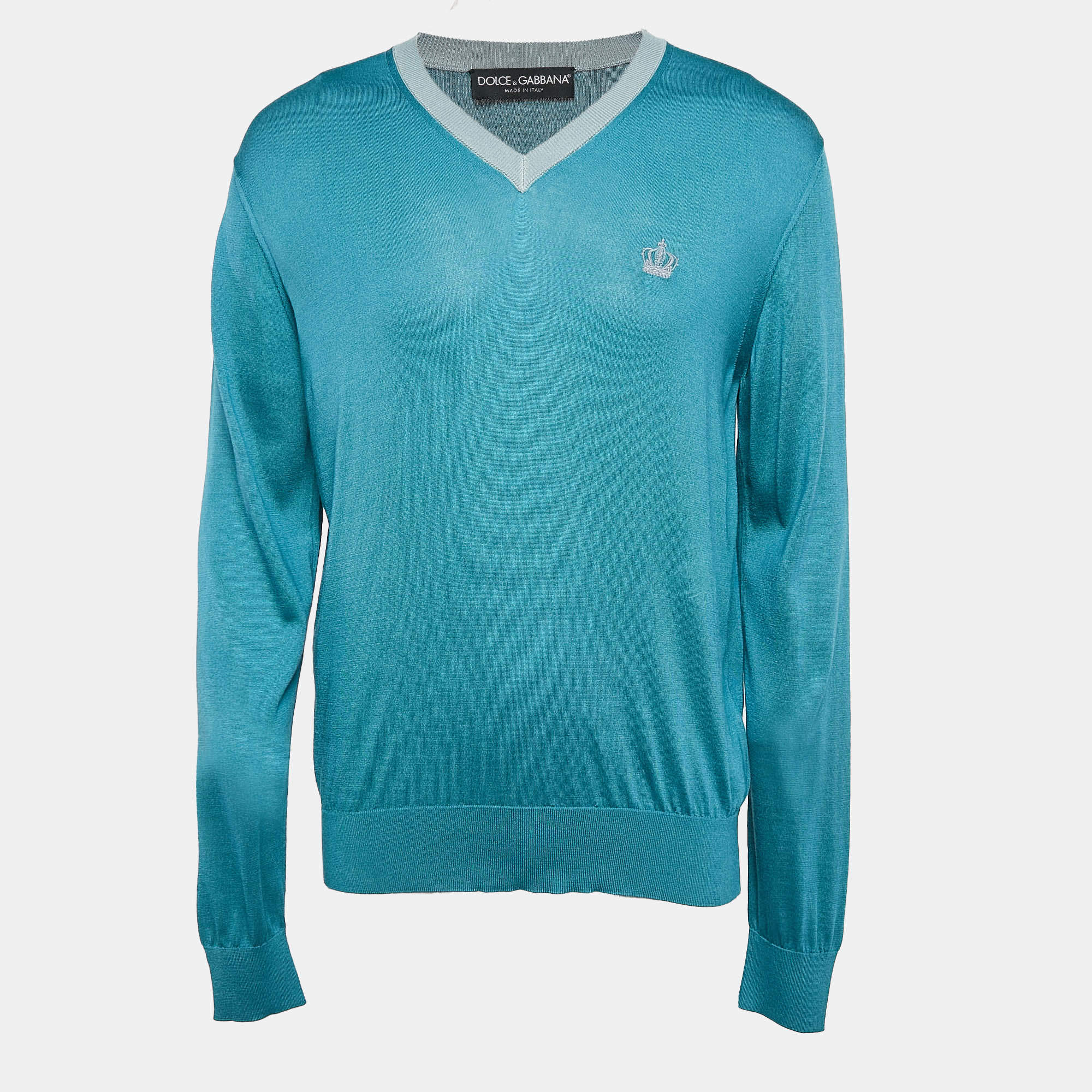 Pre Owned Dolce & Gabbana Teal Blue Silk Knit V-Neck Sweatshirt XL