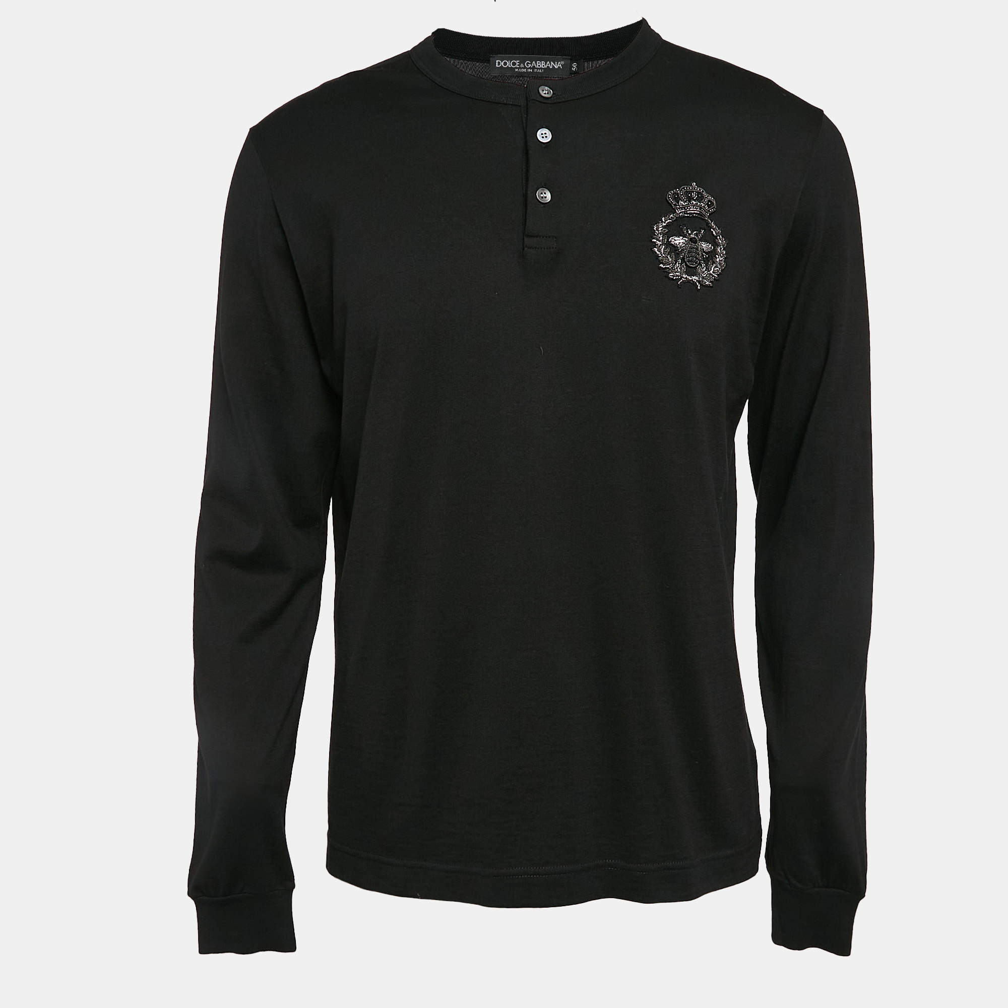 Pre Owned Dolce & Gabbana Black Embroidered Jersey Long Sleeve T-Shirt L