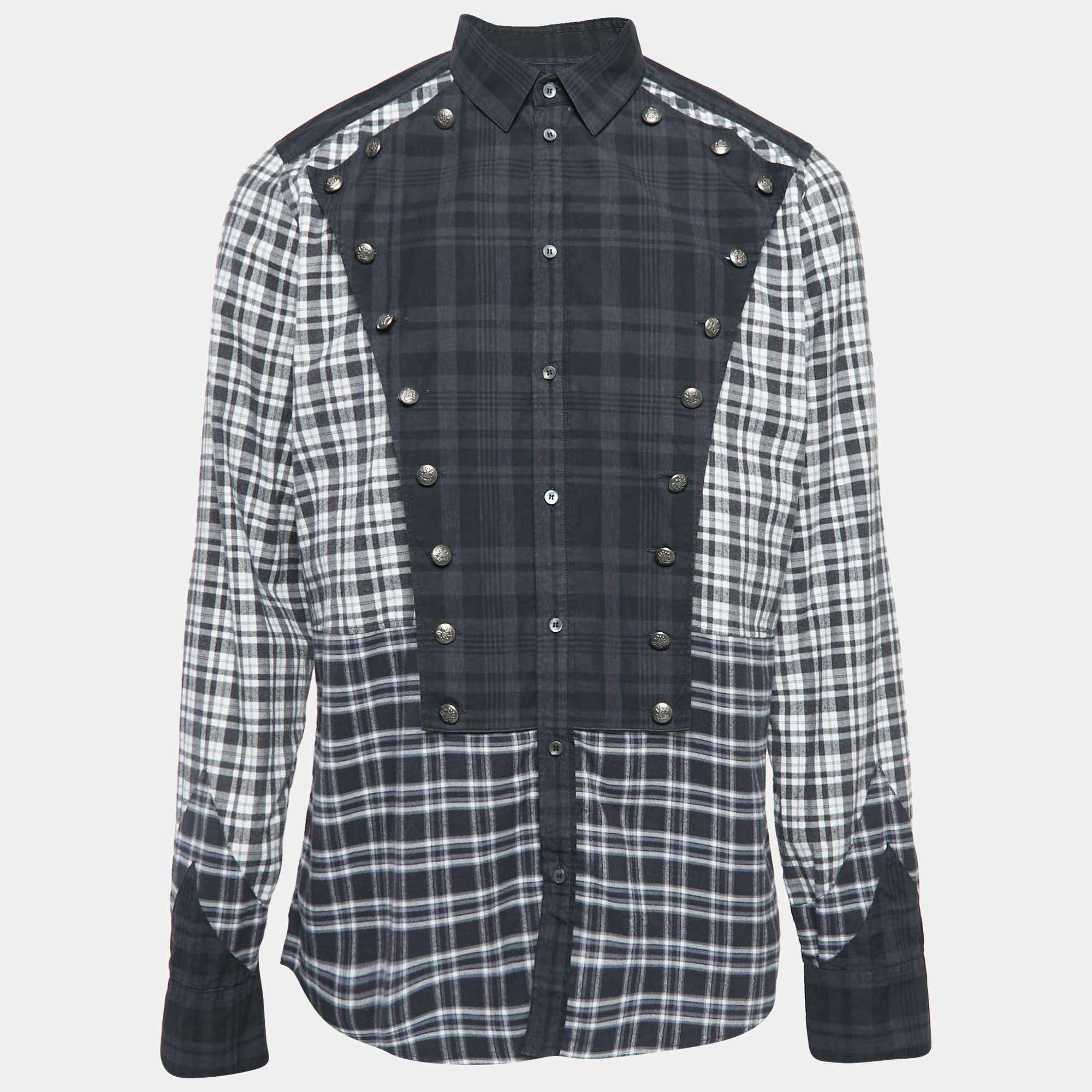 Pre Owned Dolce & Gabbana Grey Tartan Cotton Buttoned Patch Shirt XXL