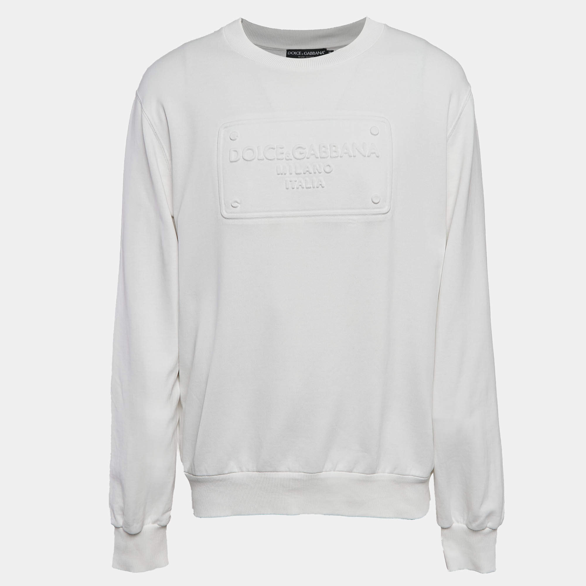 Pre Owned Dolce & Gabbana White Logo Embossed Cotton Sweatshirt XXL