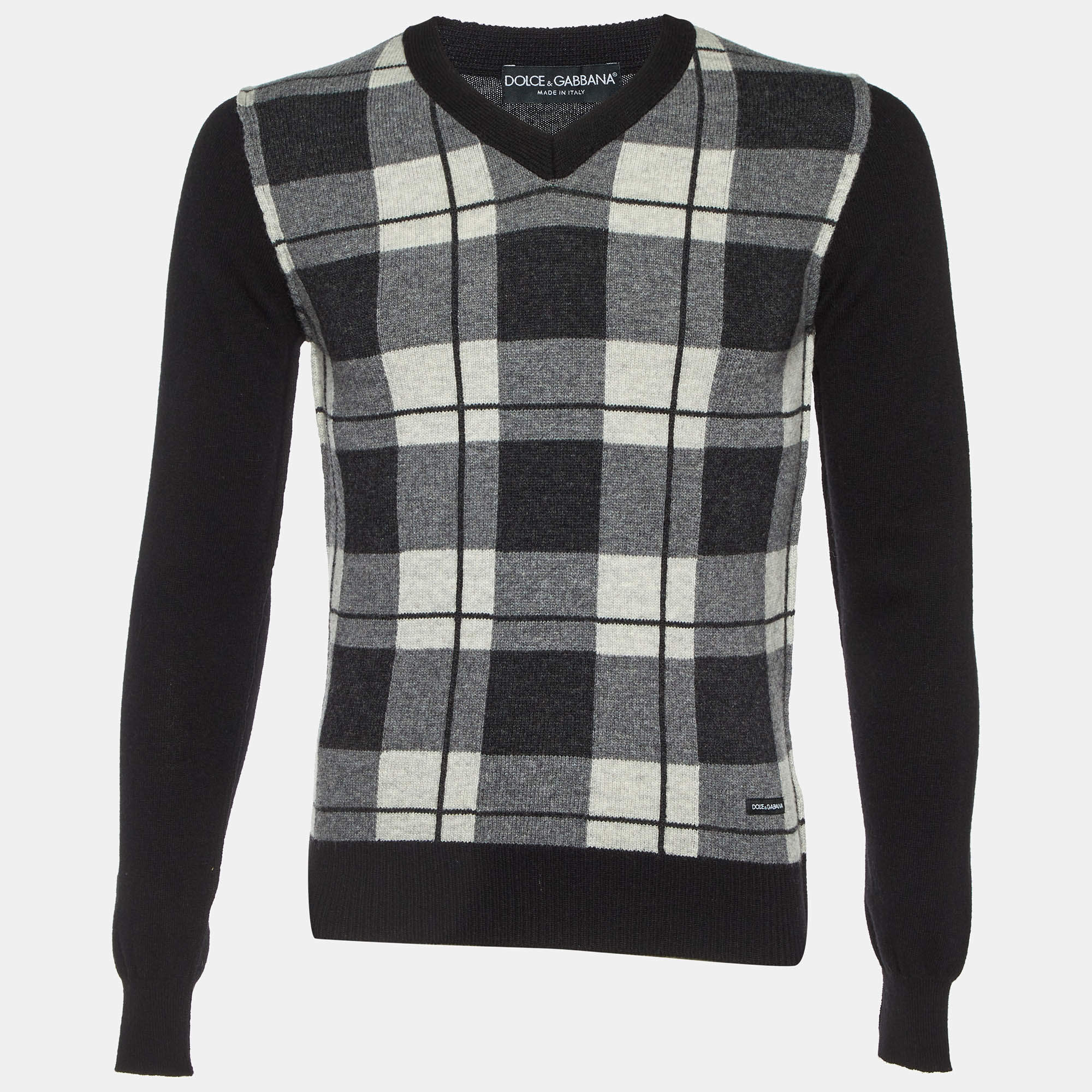 Pre Owned Dolce & Gabbana Black Checked Wool V-Neck Sweater M