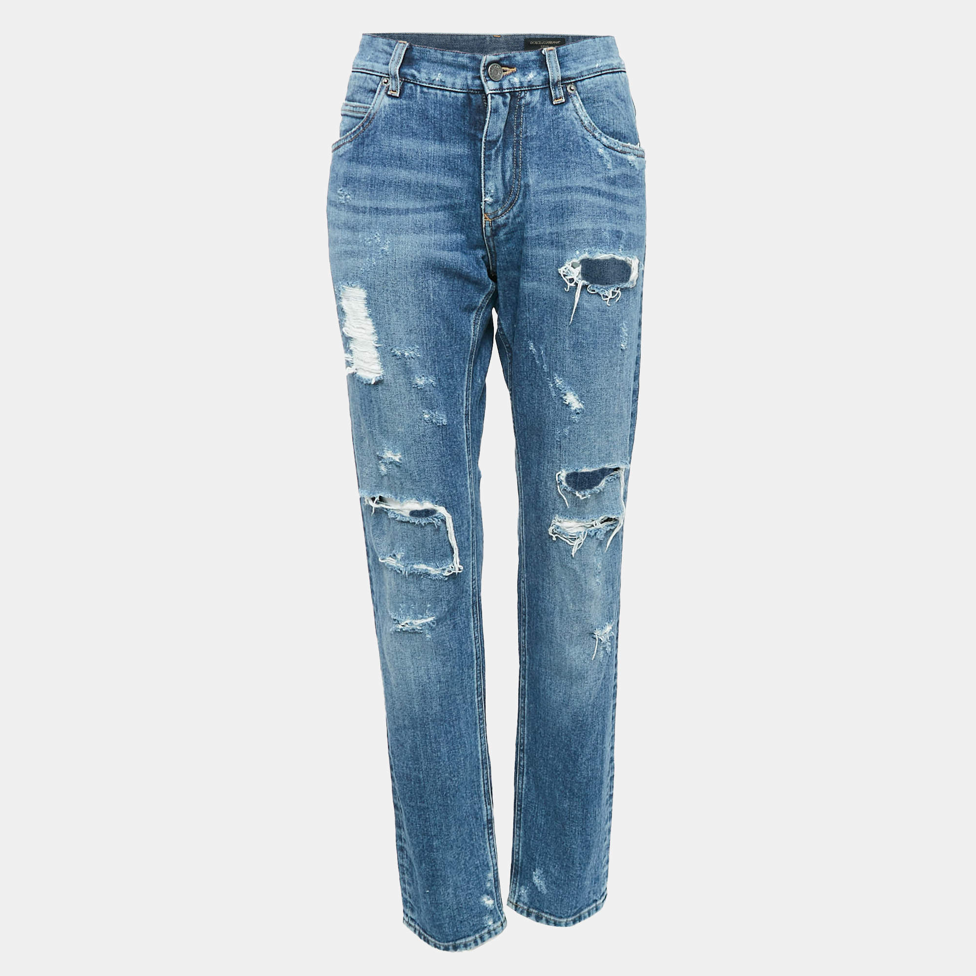 Pre Owned Dolce & Gabbana Blue Ripped Denim Slim Fit Jeans M Waist 32"