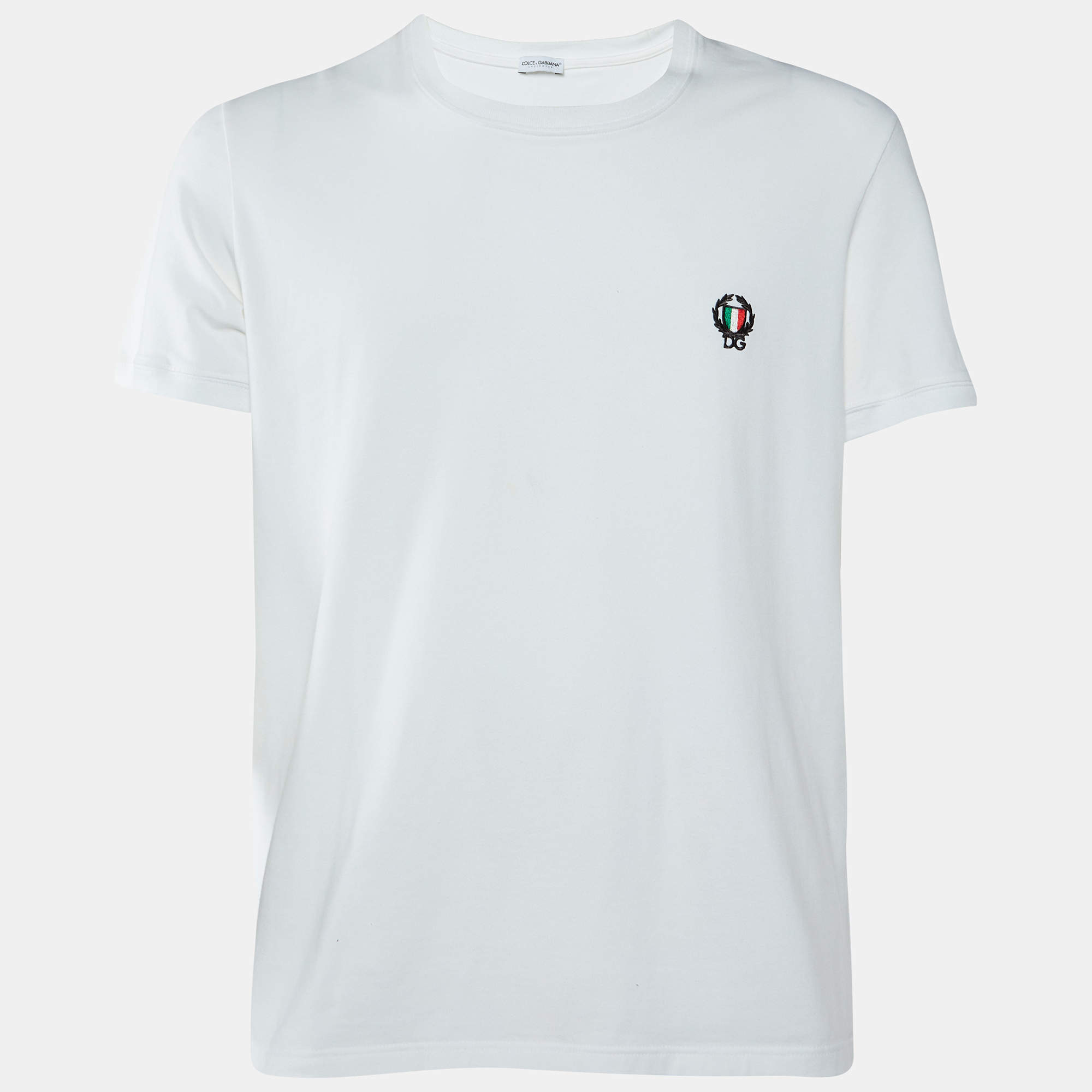 Pre Owned تي شيرت دولتشي أند غابانا قطن أبيض مطرز الشعار مقاس كبير (لارج)