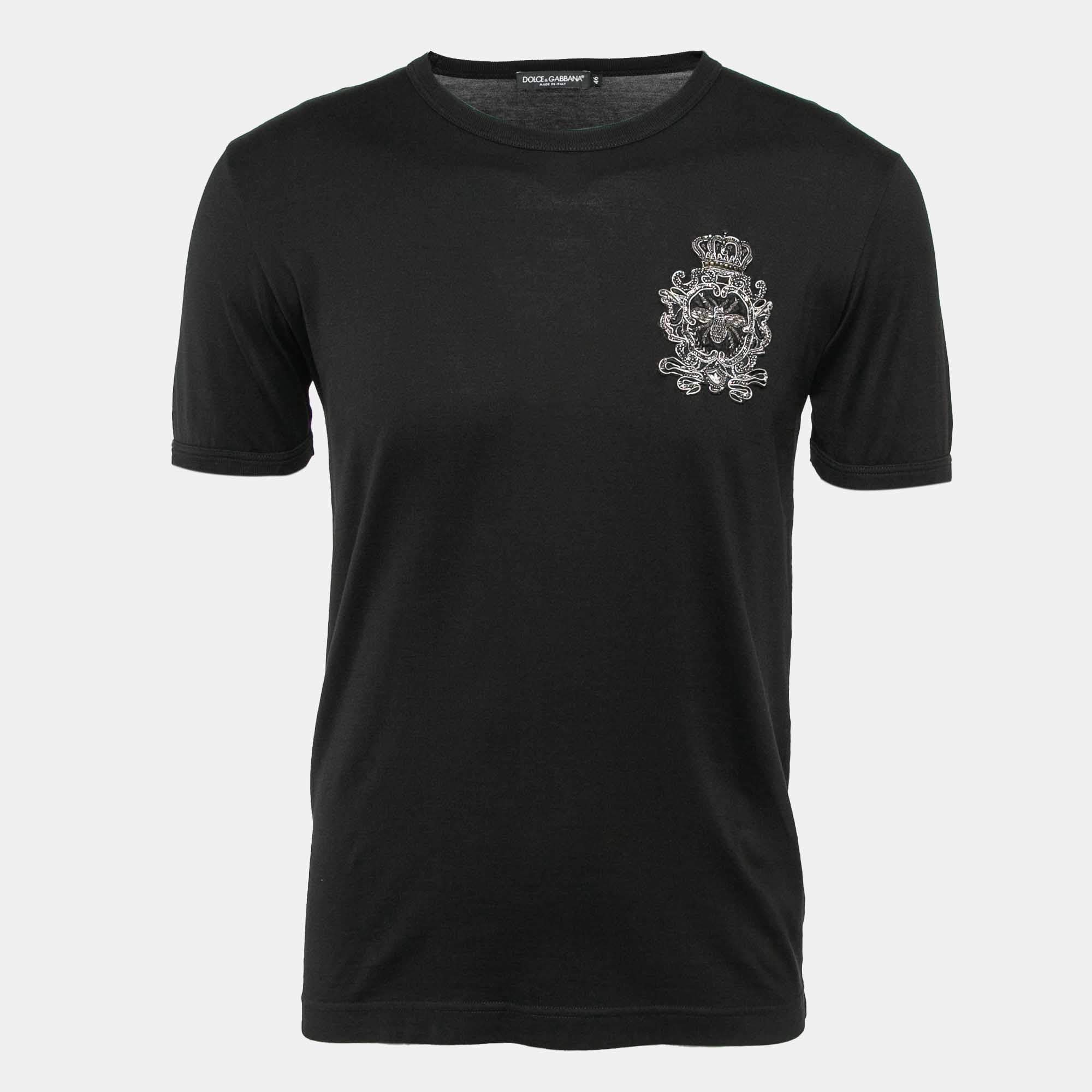 Pre Owned Dolce & Gabbana Black Heraldic Bee Patch Jersey T-Shirt XS