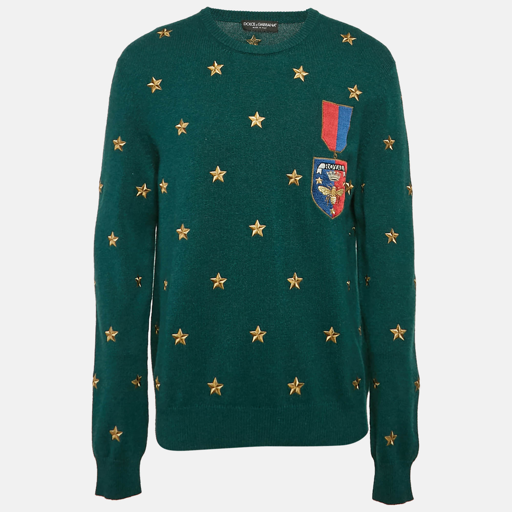 Pre Owned Dolce & Gabbana Green Stars Embroidered Rib Knit Sweater XXL