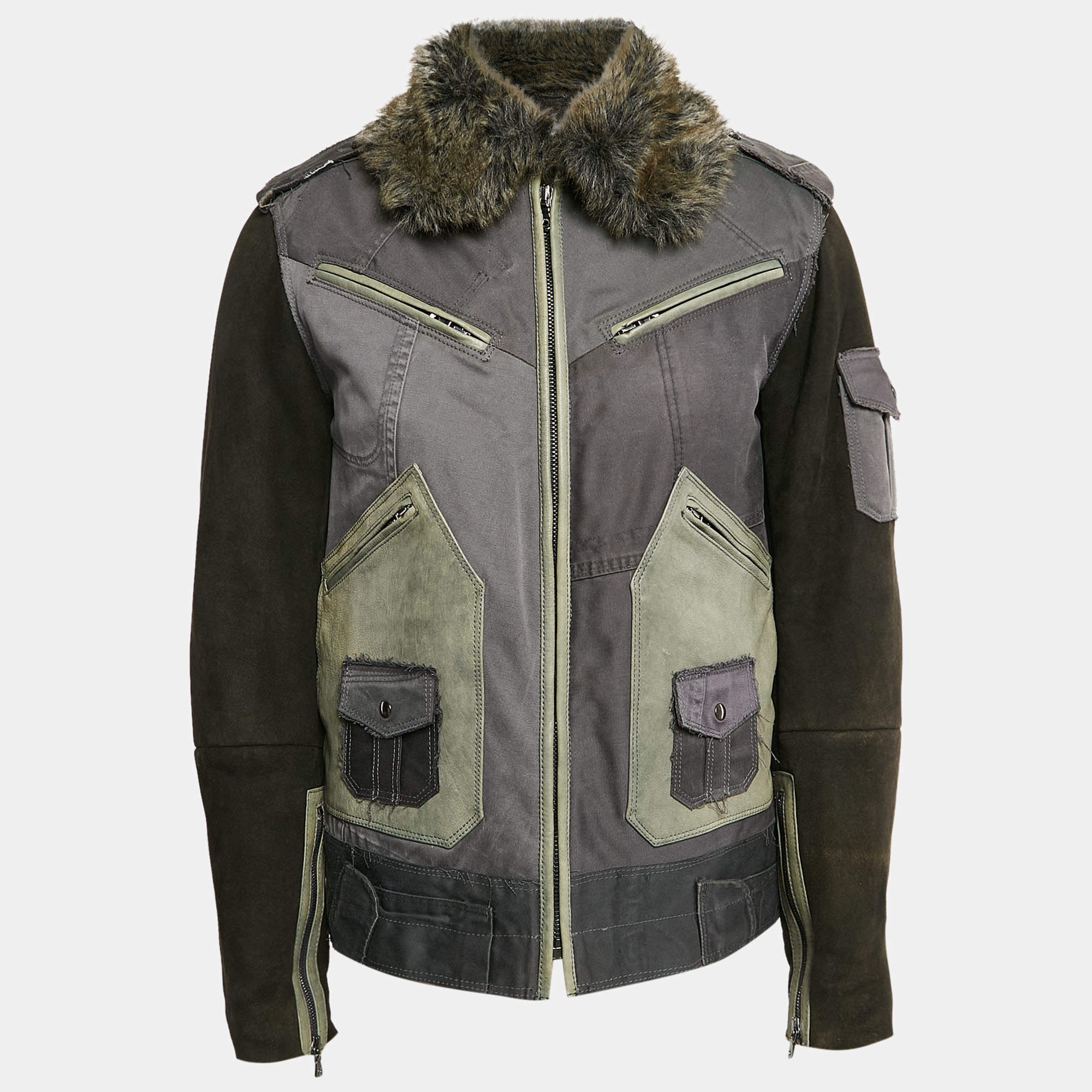 Pre Owned Dolce & Gabbana Green Cotton Blend and Fur Zip Detail Flight Jacket L