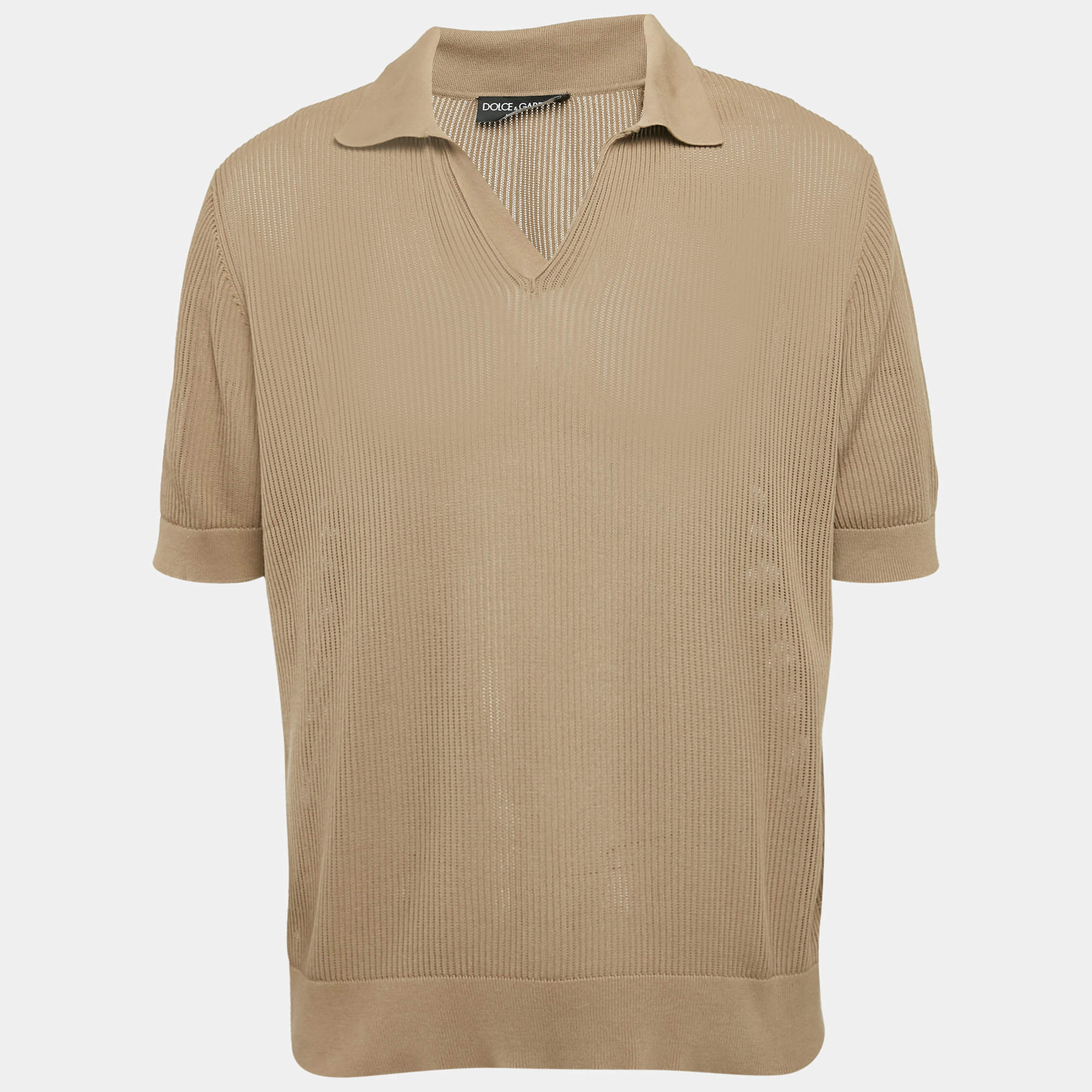 Pre Owned Dolce & Gabbana Dark Beige Patterned Open Knit Polo T-Shirt M