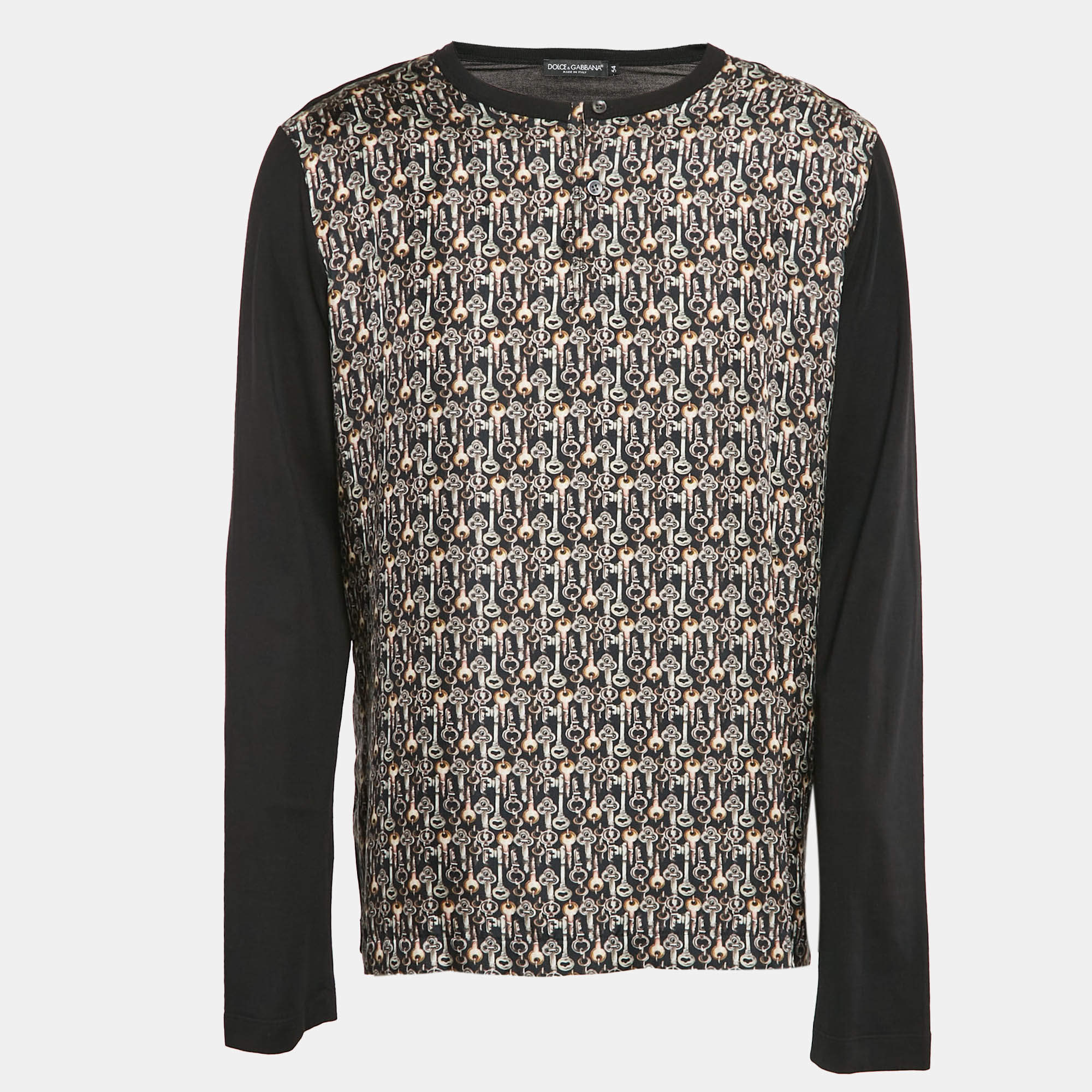 Pre Owned Dolce & Gabbana Black Key Print Cotton and Silk T-Shirt XXL