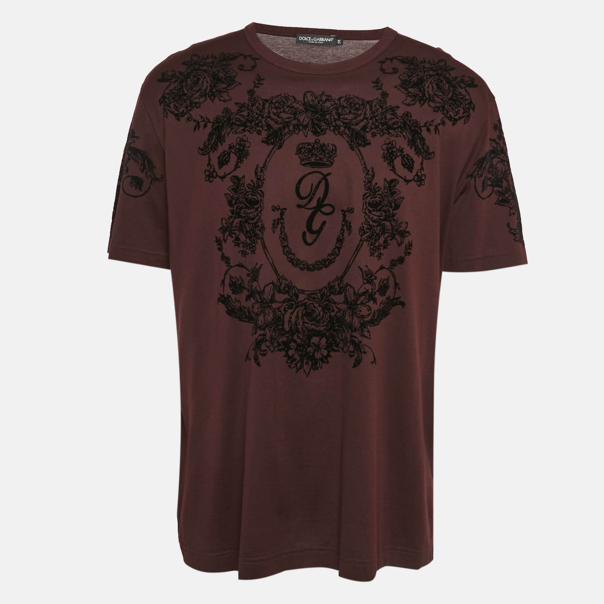 Pre Owned Dolce & Gabbana Burgundy Flock Print Cotton T-Shirt 4XL