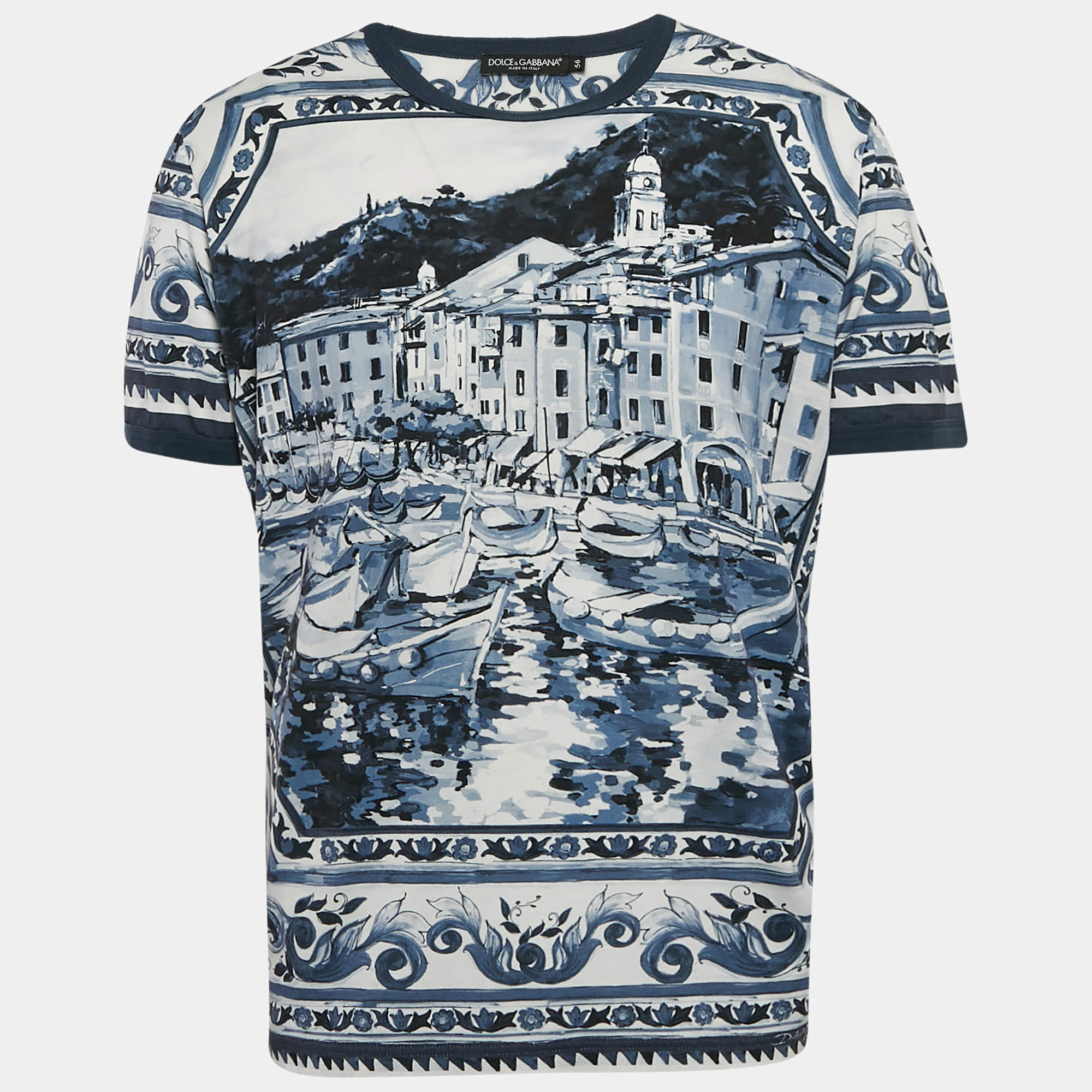 مملوكة مسبقًا Dolce & Gabbana Blue Ceramic Print Jersey Crew Neck T-Shirt XXXL