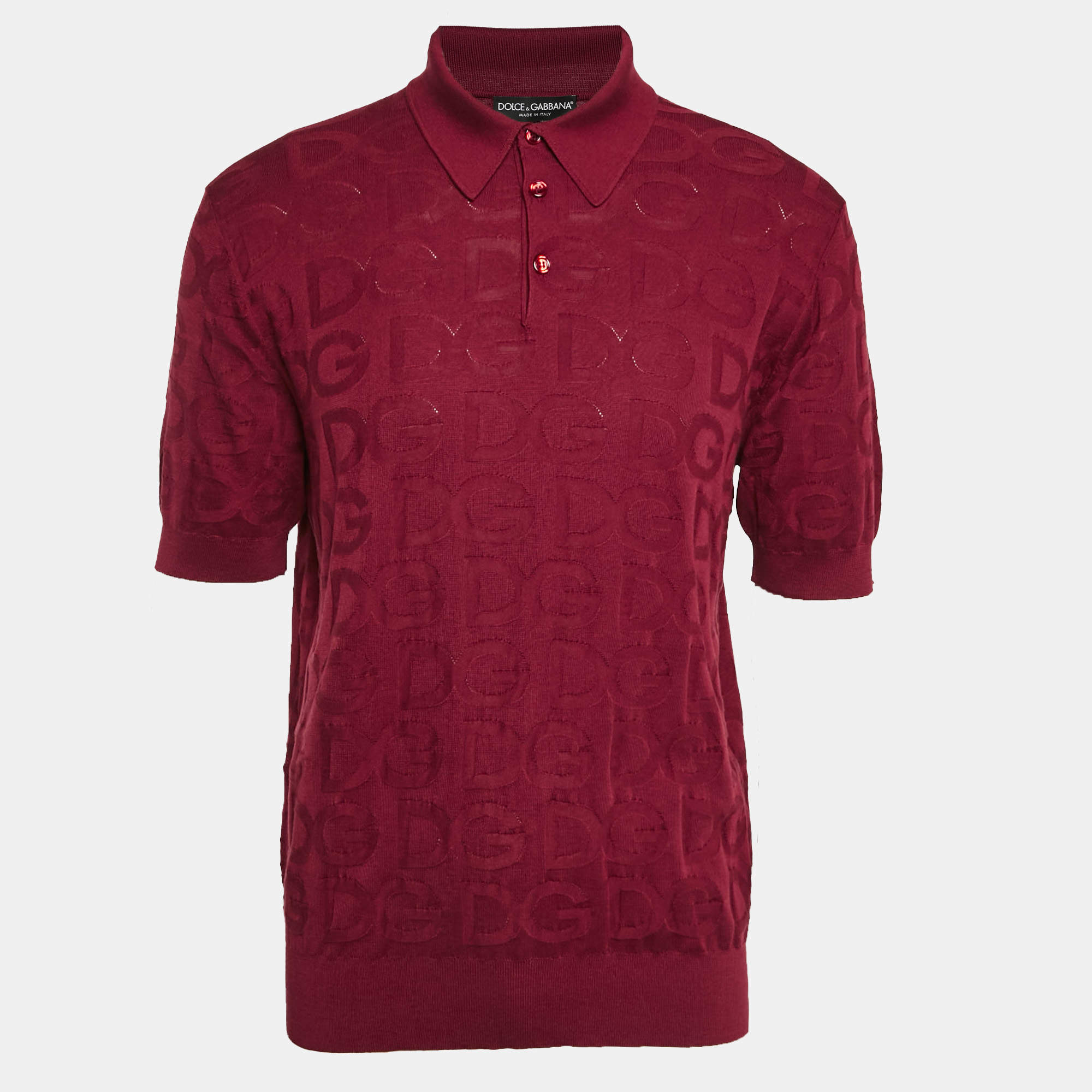 Pre Owned Dolce & Gabbana Burgundy Monogram Silk Jacquard Knit Polo T-Shirt XL