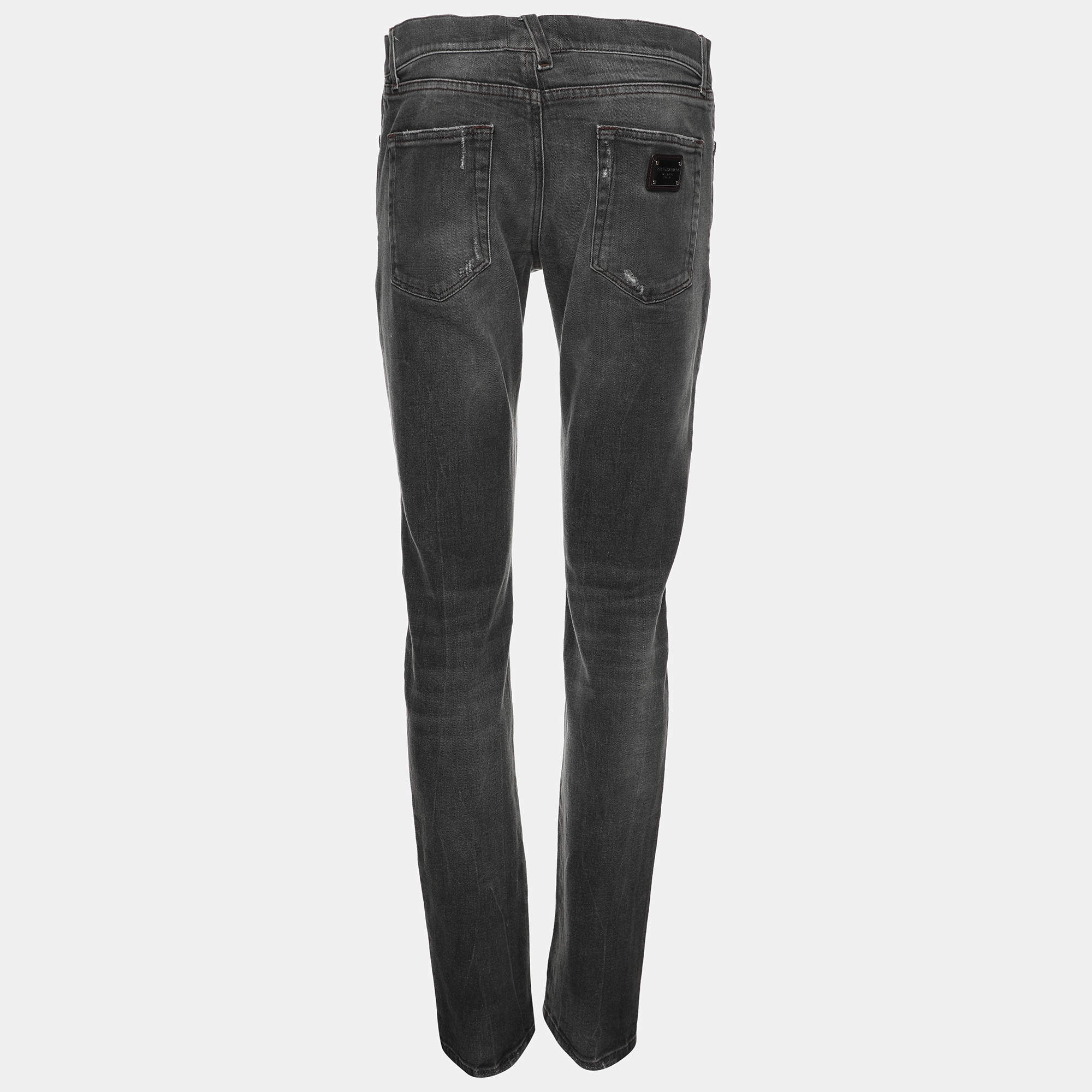 Pre Owned Dolce & Gabbana Charcoal Grey Distressed Denim Fit 14 Stretch Jeans L