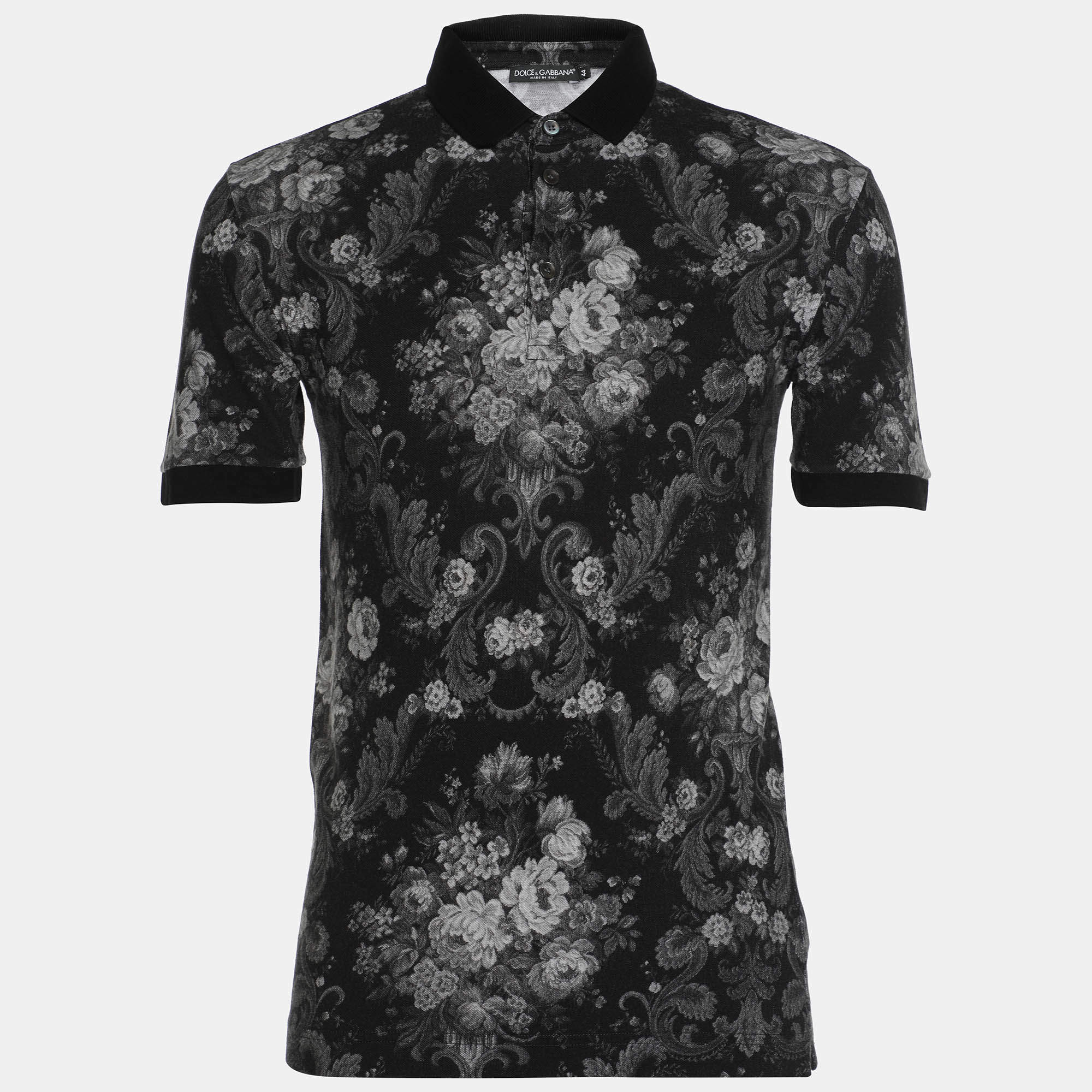 Dolce and Gabbana Black Floral Print Cotton Pique Polo T