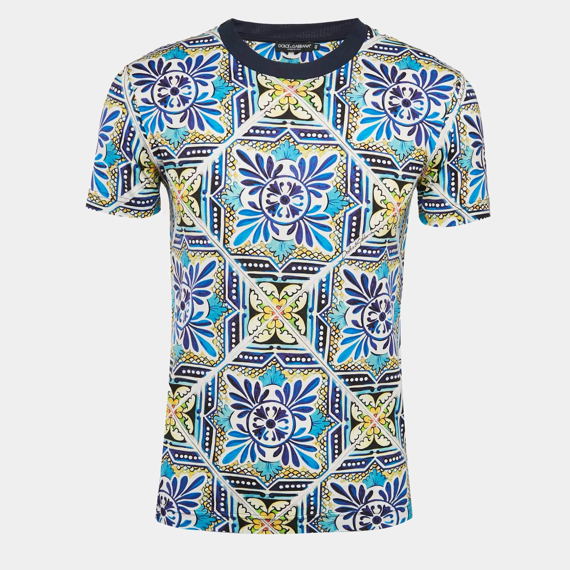 Pre Owned Dolce & Gabbana Blue Majolica Print Jersey Crewneck T-Shirt XS